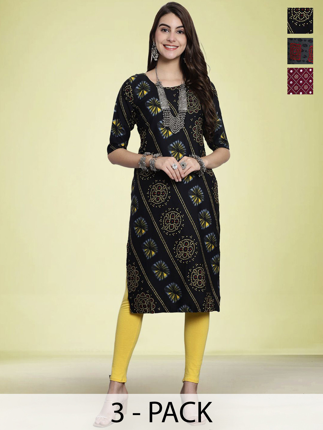 

Moda Rapido Selection Of 3 Floral Printed Round Neck Straight Kurtas, Maroon