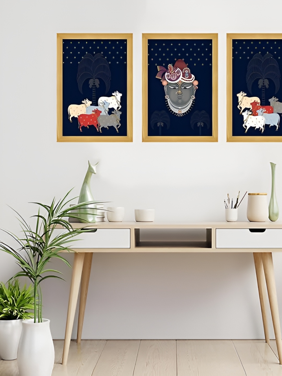 

Indianara Navy Blue & Grey 3 Piece Canvas Abstract Wall Paintings