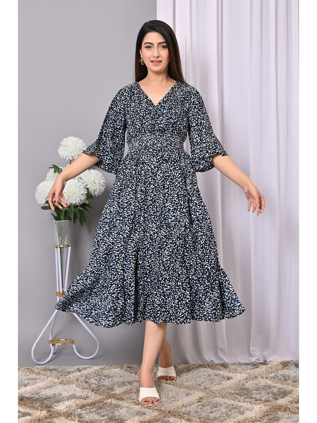 

IQRAAR Print Bell Sleeve Fit & Flare Dress, Multi