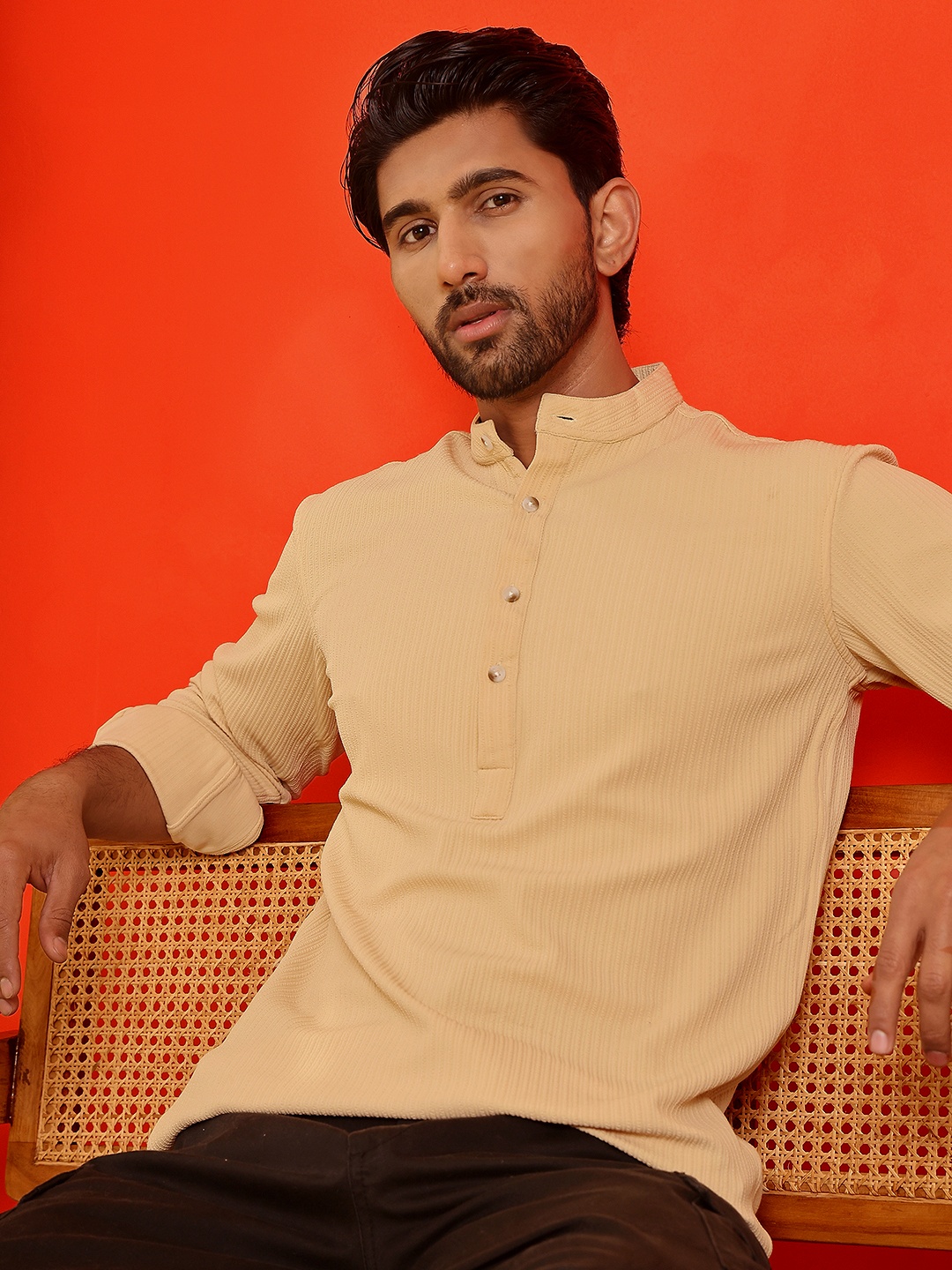 

Jompers Striped Band Collar Long Roll-Up Sleeves Straight Kurta, Beige
