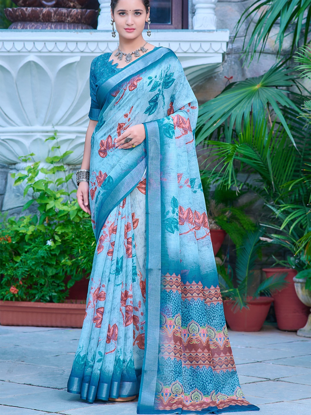 

Moda Rapido Floral Designer Block Print Saree, Sea green