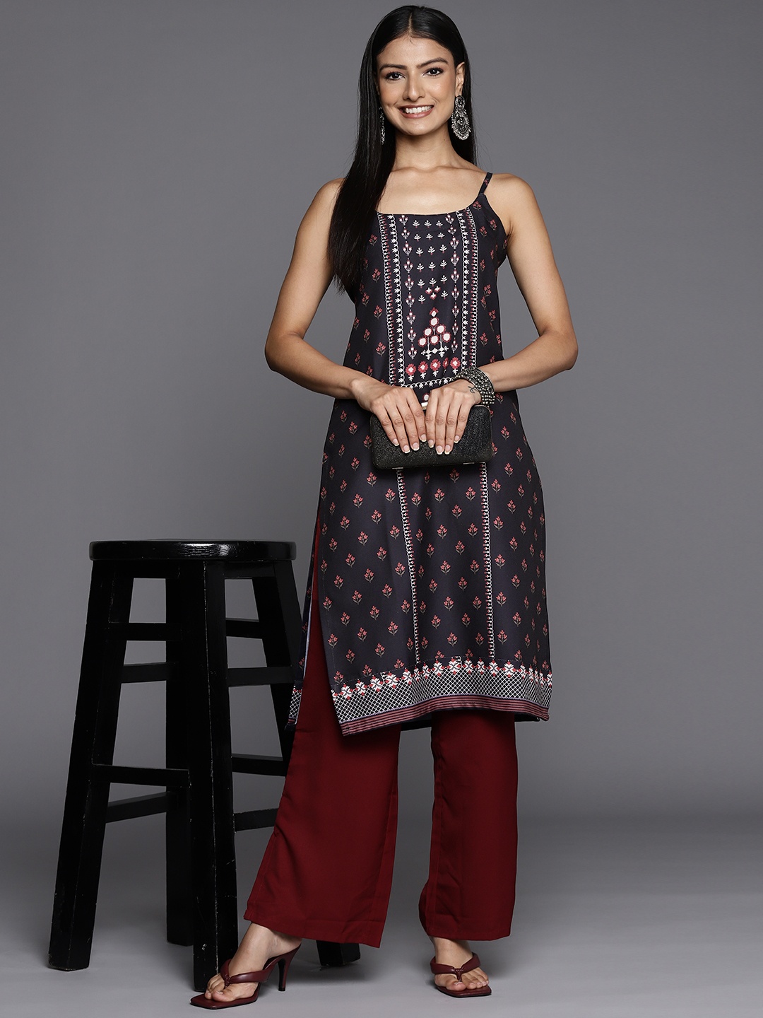 

KSUT Floral Printed Shoulder Straps Mirror Work Straight Kurta, Black