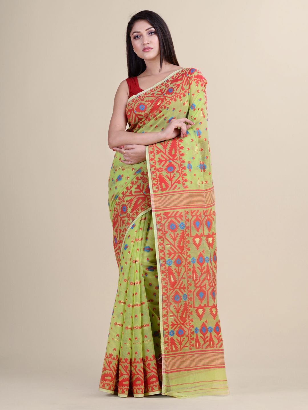 

Laa Calcutta Ethnic Motifs Silk Cotton Jamdani Saree, Green