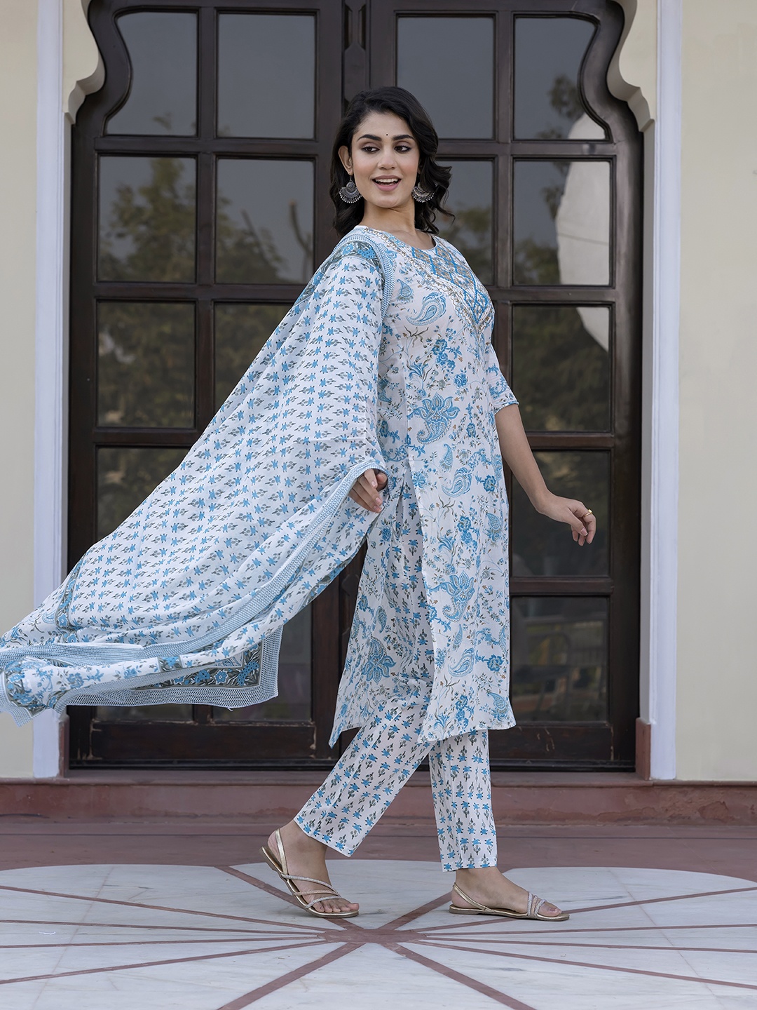 

KALINI Women Paisley Regular Pure Cotton Kurta with Trousers & With Dupatta, Blue