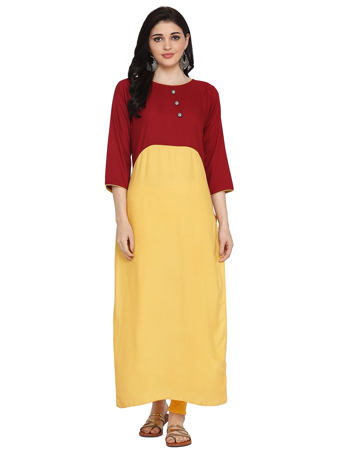 

HRITIKA Colourblocked Round Neck Straight Kurta, Maroon