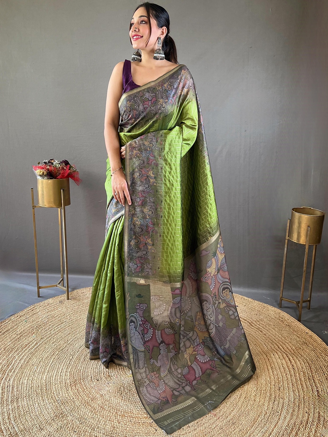 

DEVATITHI Ethnic Motifs Zari Parrot Chanderi Saree, Green