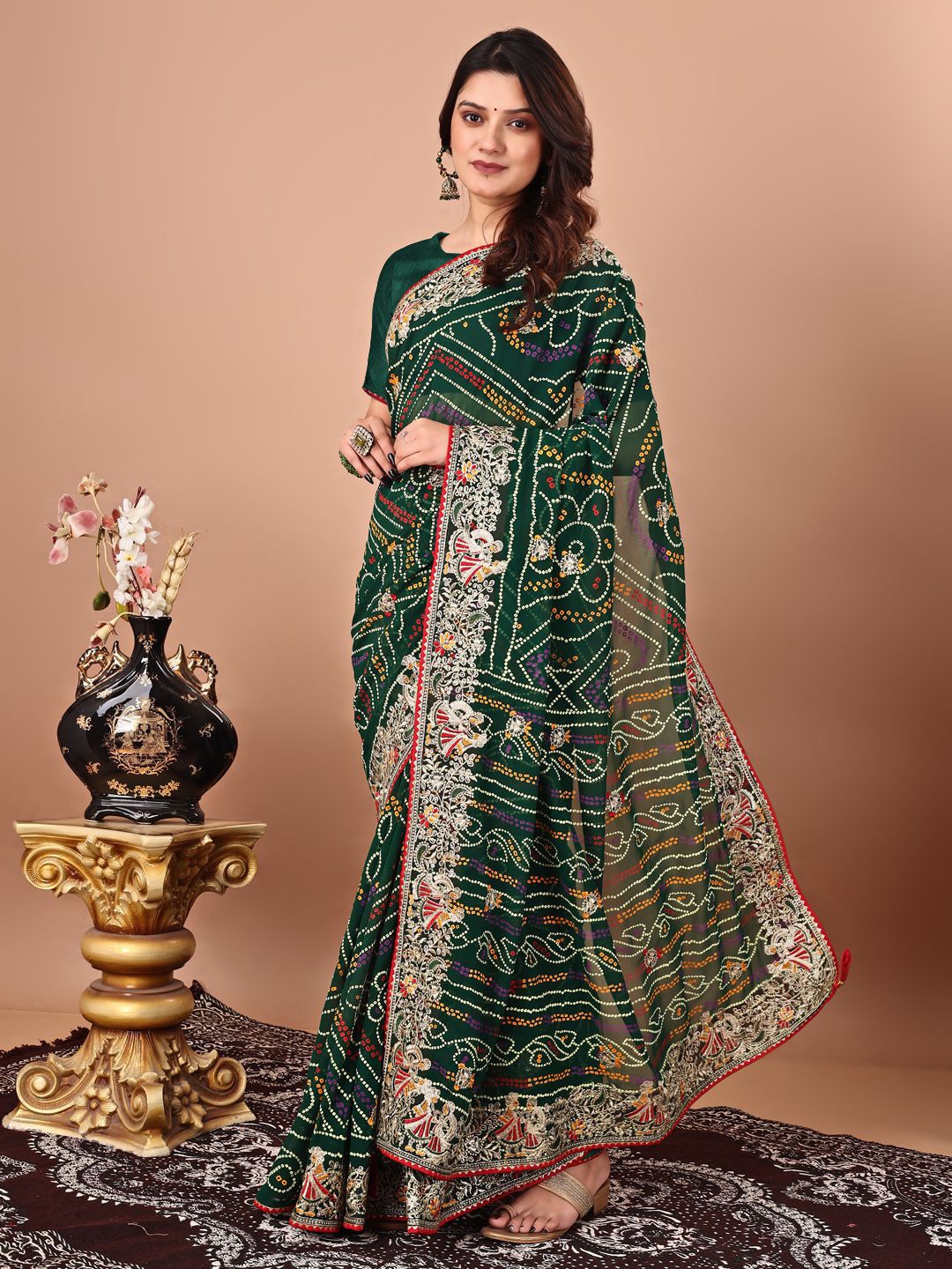 

DIVASTRI Bandhani Embroidered Poly Georgette Designer Bandhani Saree, Green