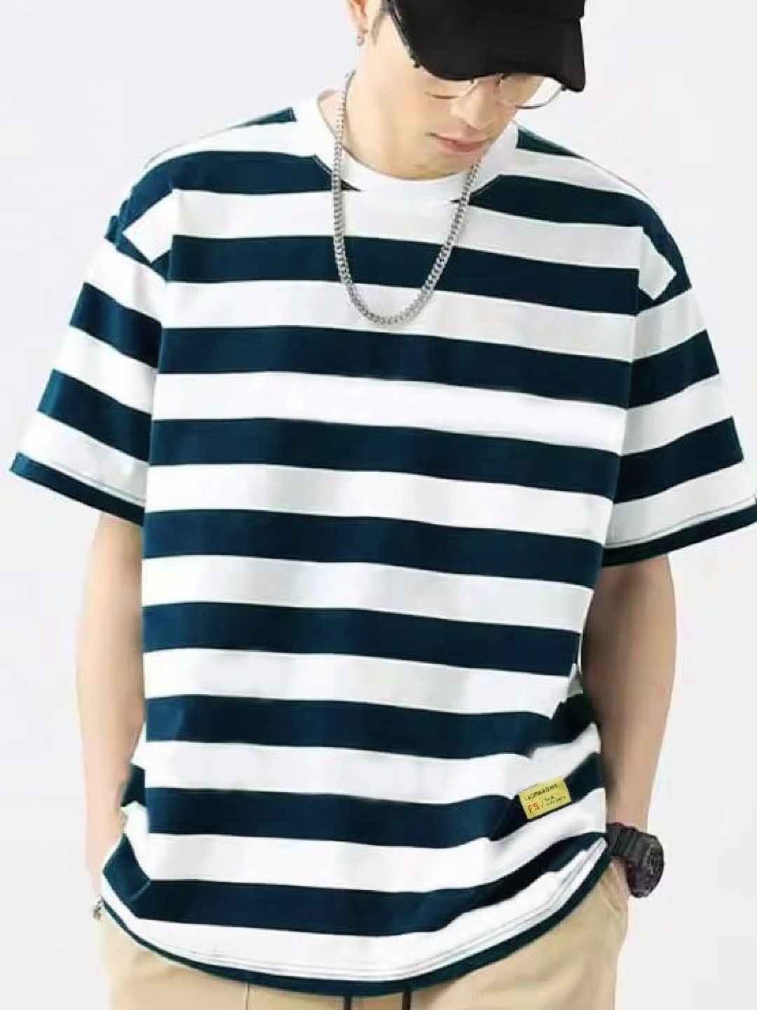 

LAUREN ADAMS Men Striped Drop-Shoulder Sleeves Raw Edge T-shirt, Navy blue