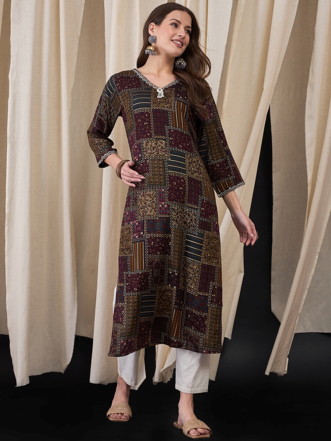 

Anouk Floral Printed Thread Work Straight Kurta, Brown