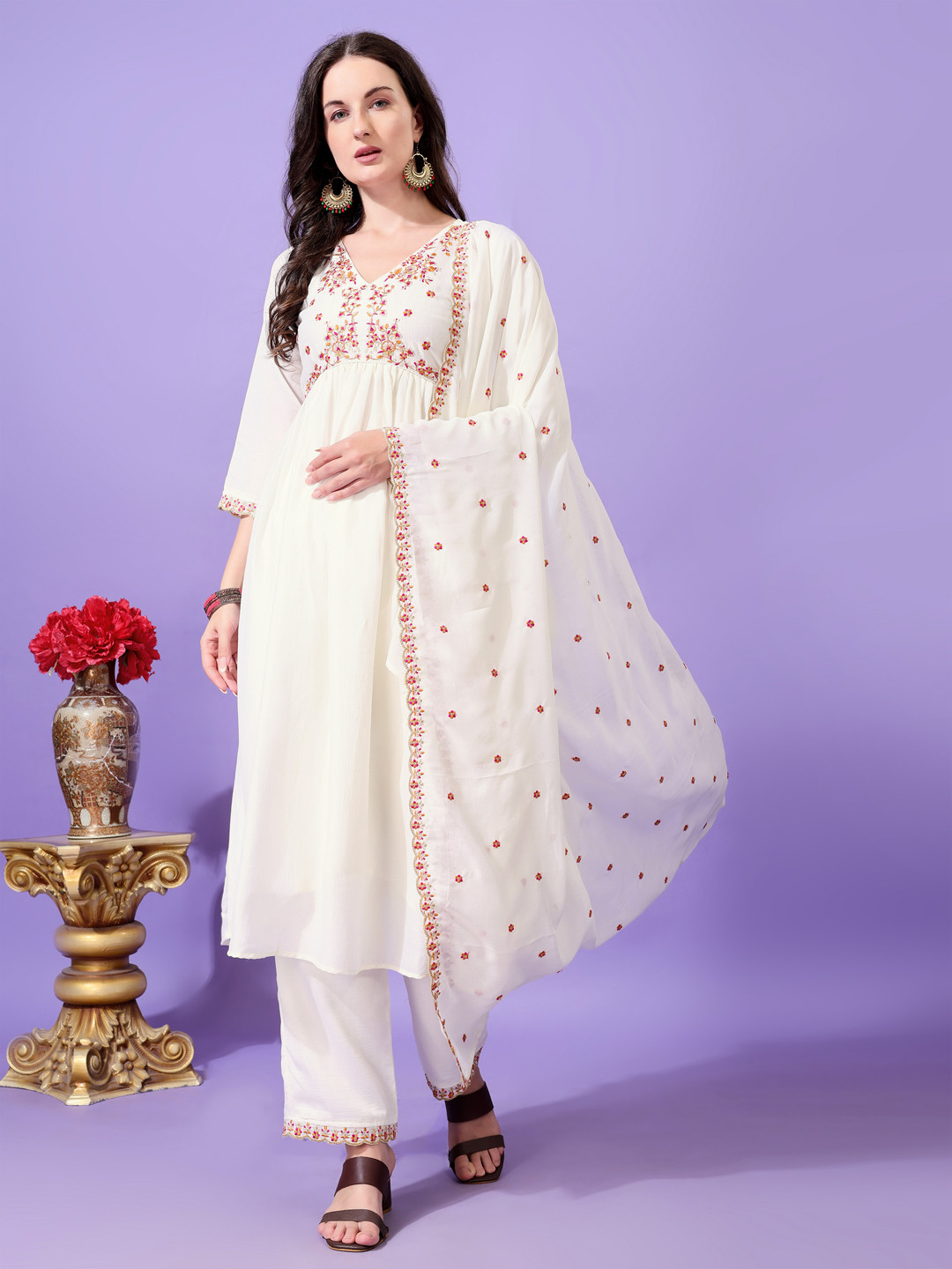 

Hirvanti Fashion Women Ethnic Motifs Embroidered Regular Kurta with Palazzos & With Dupatta, White