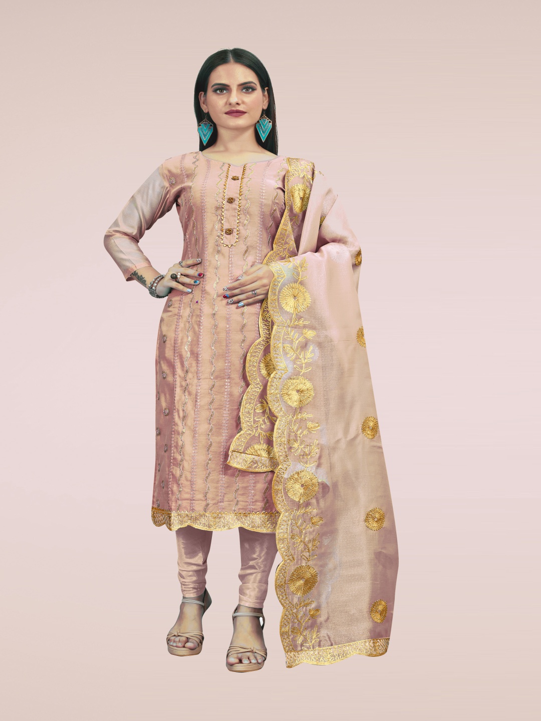 

HERE&NOW Floral Embroidered Sequinned Unstitched Dress Material, Peach