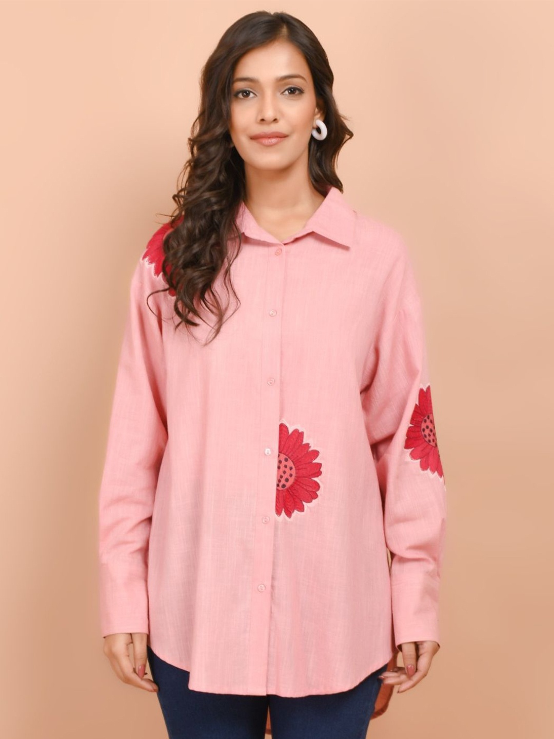 

Zolo Label Floral Printed High-Low Hemline Shirt Style Top, Pink