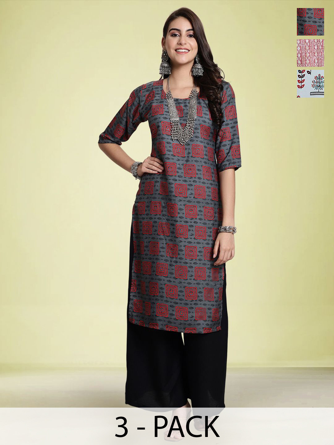 

Moda Rapido Selection Of 3 Floral Printed Round Neck Straight Kurtas, Grey