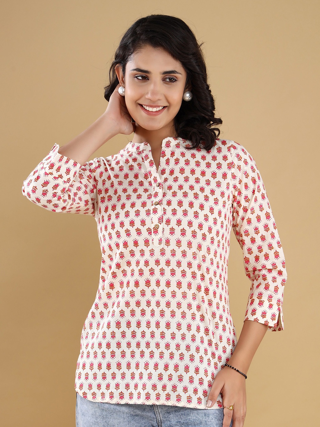 

VASVI Floral Print Mandarin Collar Cotton Top, Off white