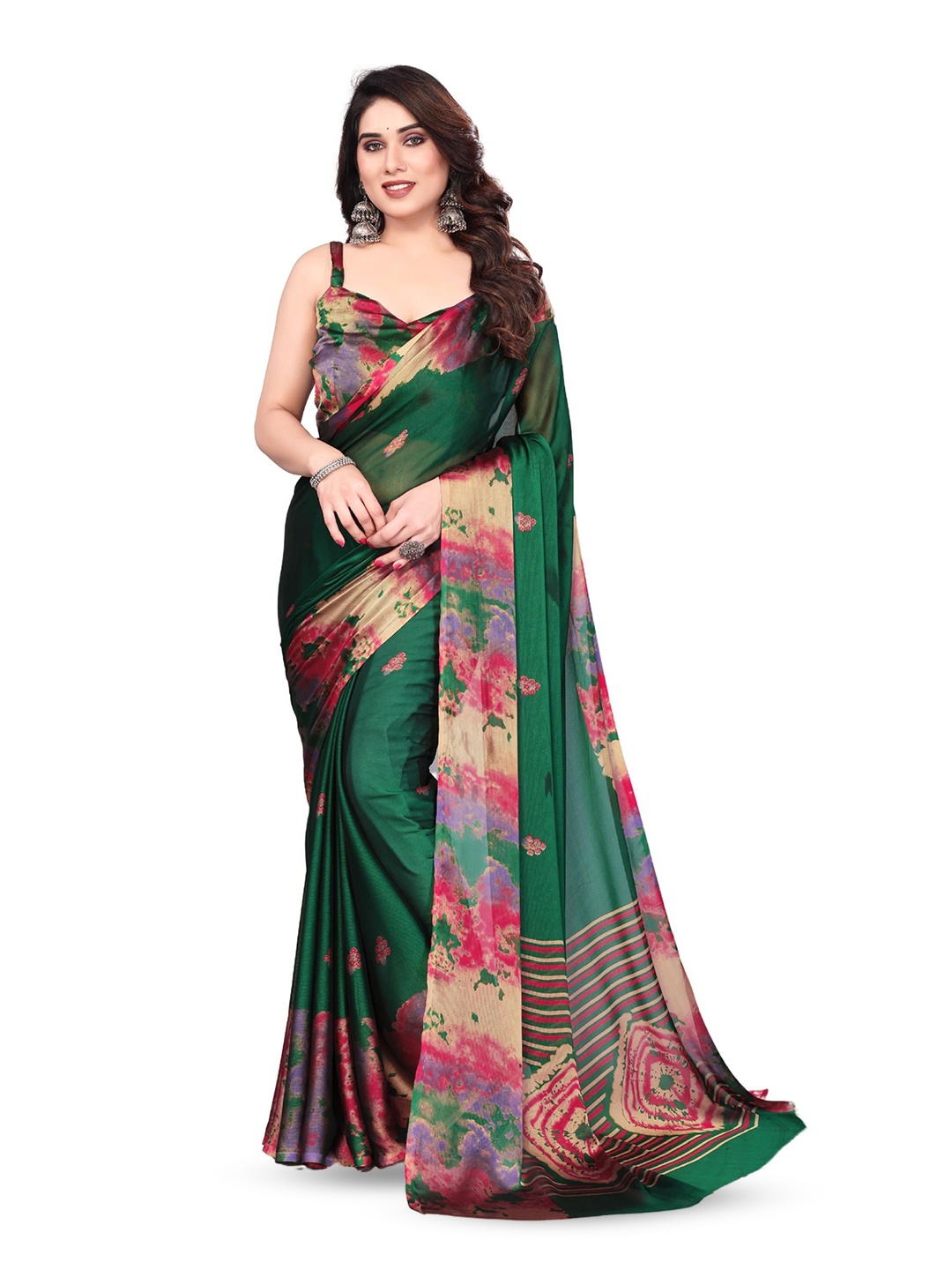 

MAGNEITTA Floral Pure Chiffon Saree, Green