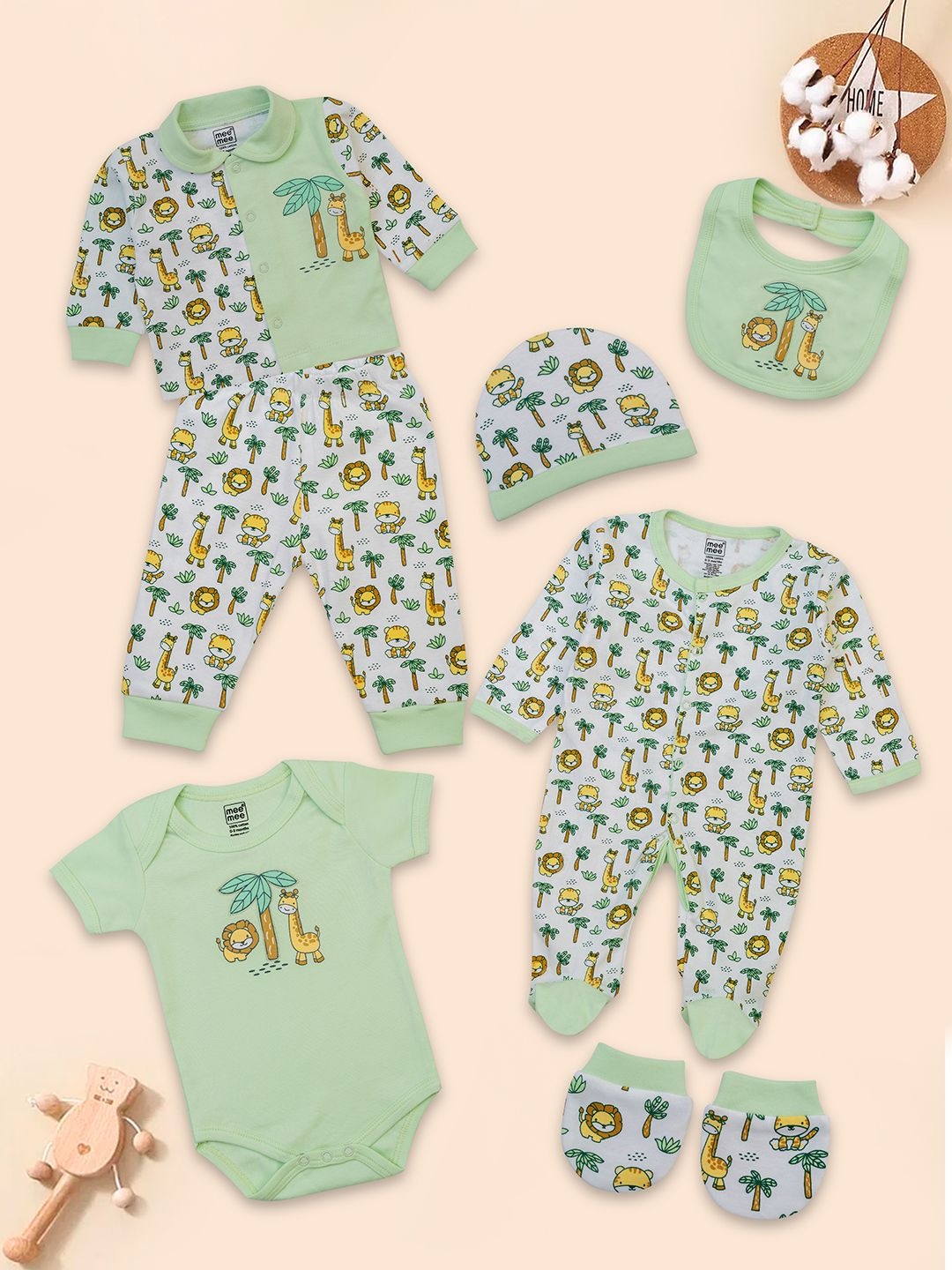 

MeeMee Kids 7 Pieces Printed Pure Cotton Baby Apparel Gift Set, Green