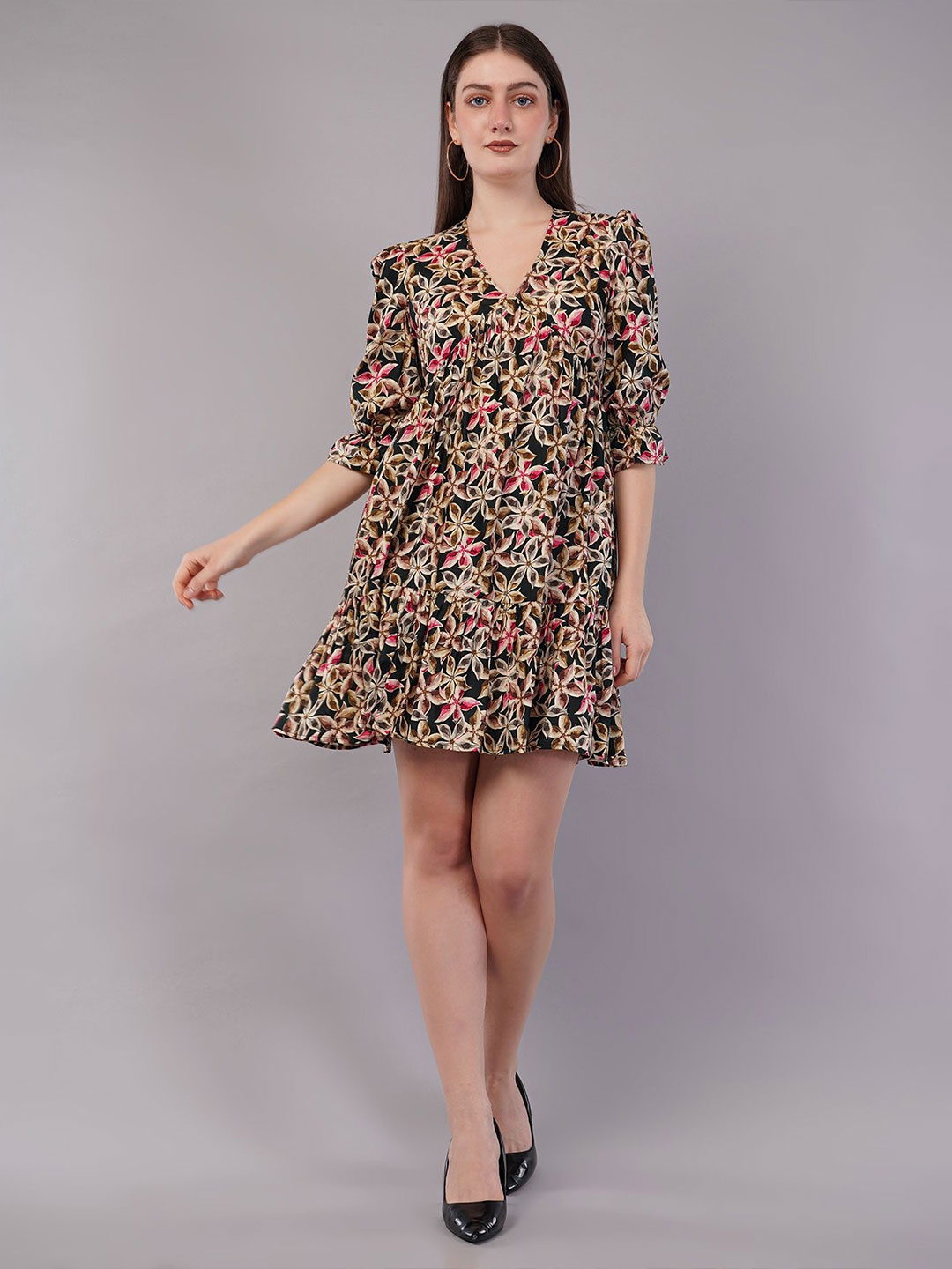 

FLY STITCH Floral Print Puff Sleeve Fit & Flare Mini Dress, Blue