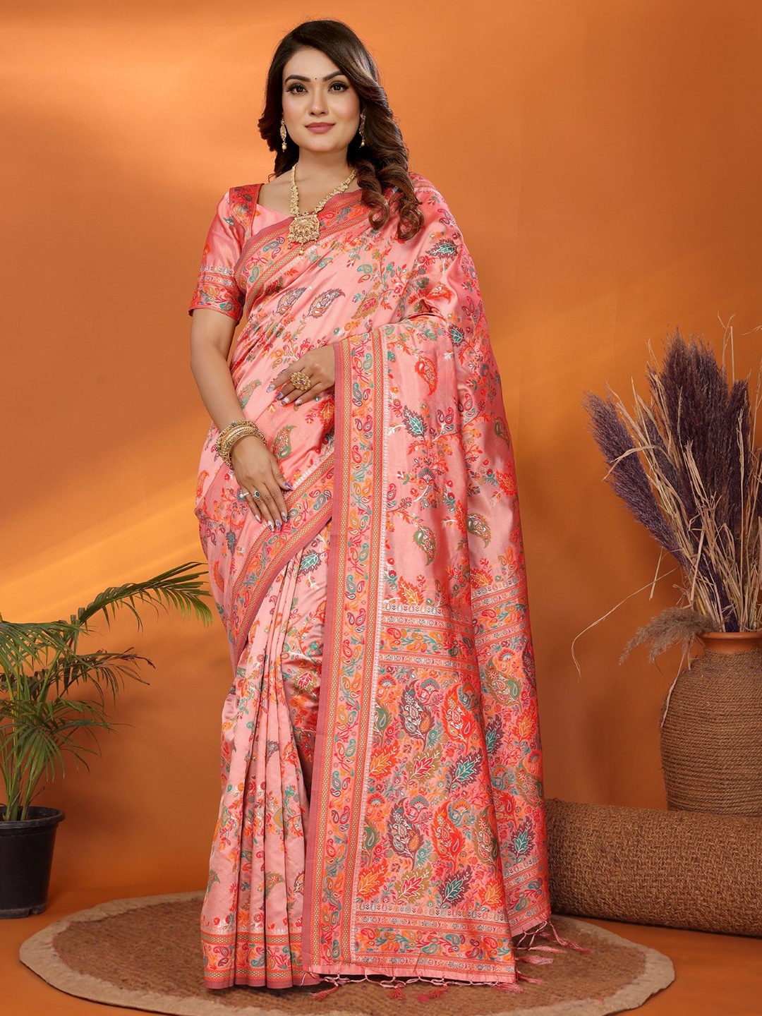 

Mitera Woven Design Zari Silk Blend Saree, Peach