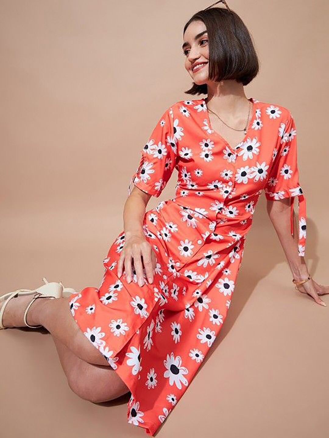 

DressBerry Floral Print Crepe Shirt Maxi Dress, Orange