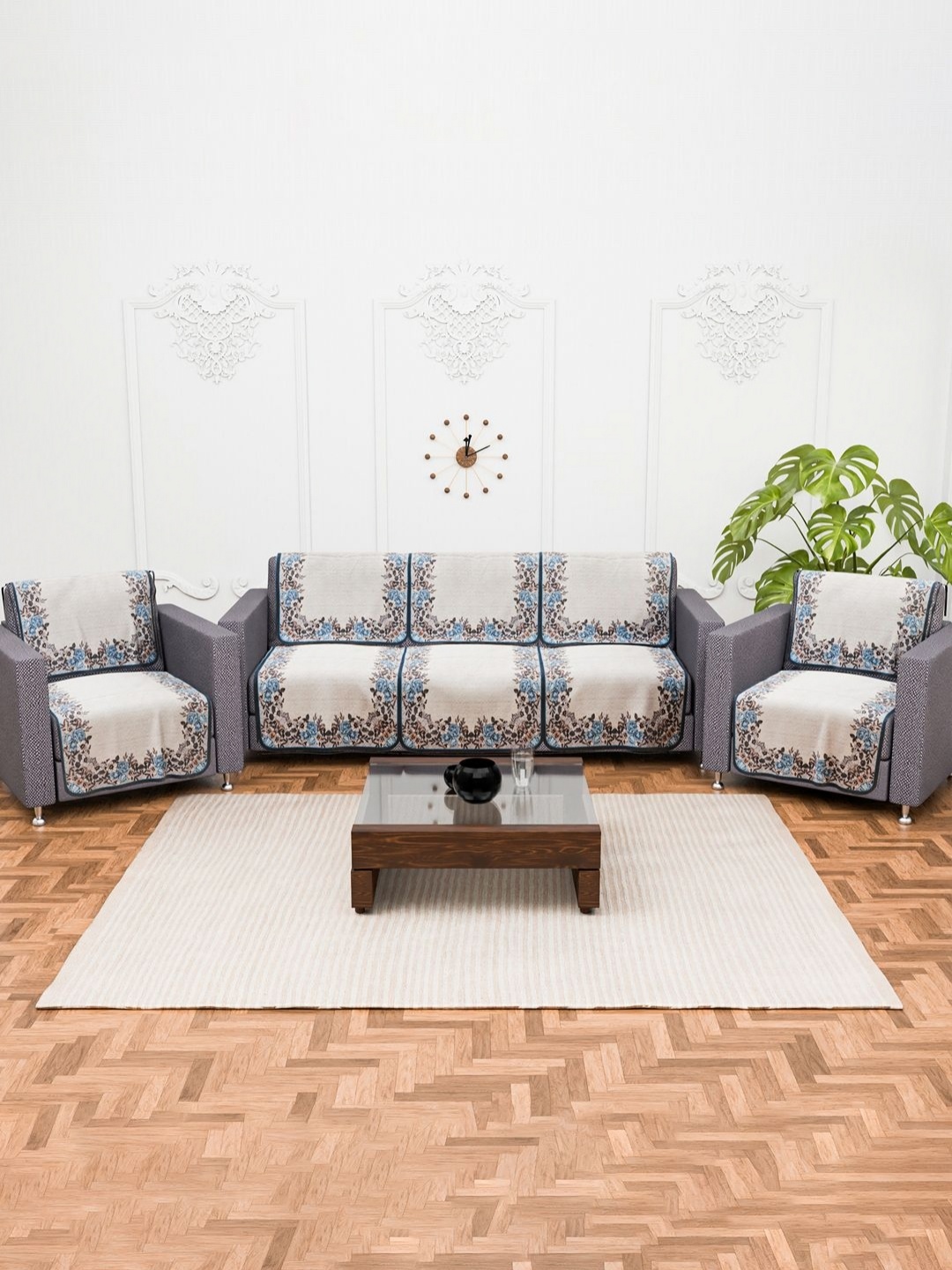 

Aura Cream & Blue 10 Pieces Self Design Cotton 5 Seater Sofa Cover