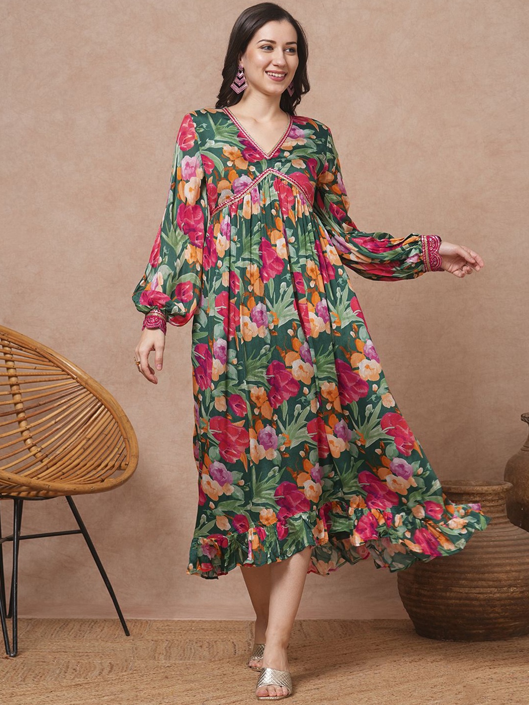 

FASHOR Print Puff Sleeve Chiffon A-Line Maxi Dress, Green