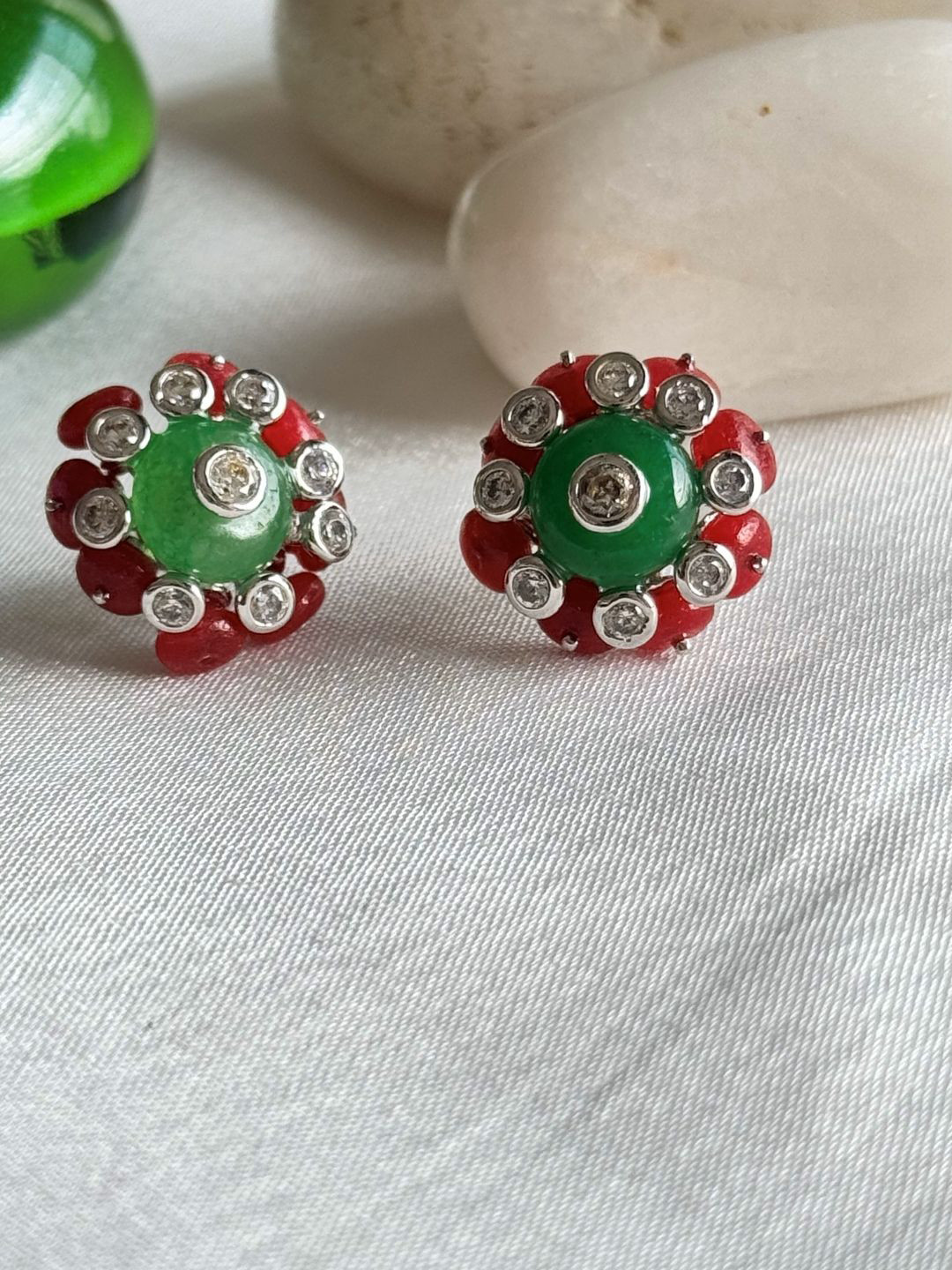 

The Jewellery Tale Silver-Plated Stone Studded 3D Floral Shaped Studs, Green