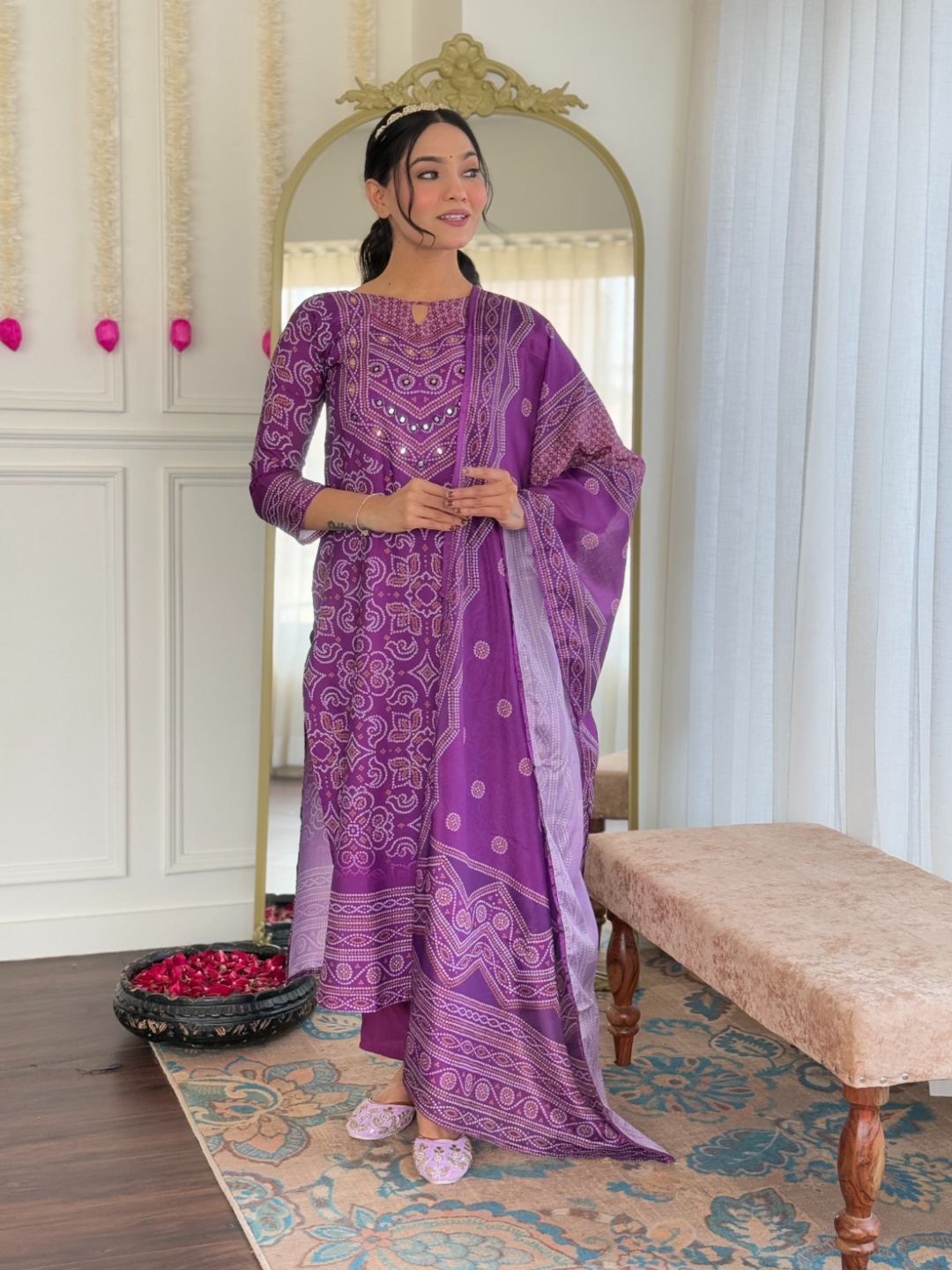 

DIVASTRI Women Bandhani Printed Regular Mirror Work Silk Crepe Kurta with Trousers & With Dupatta, Purple