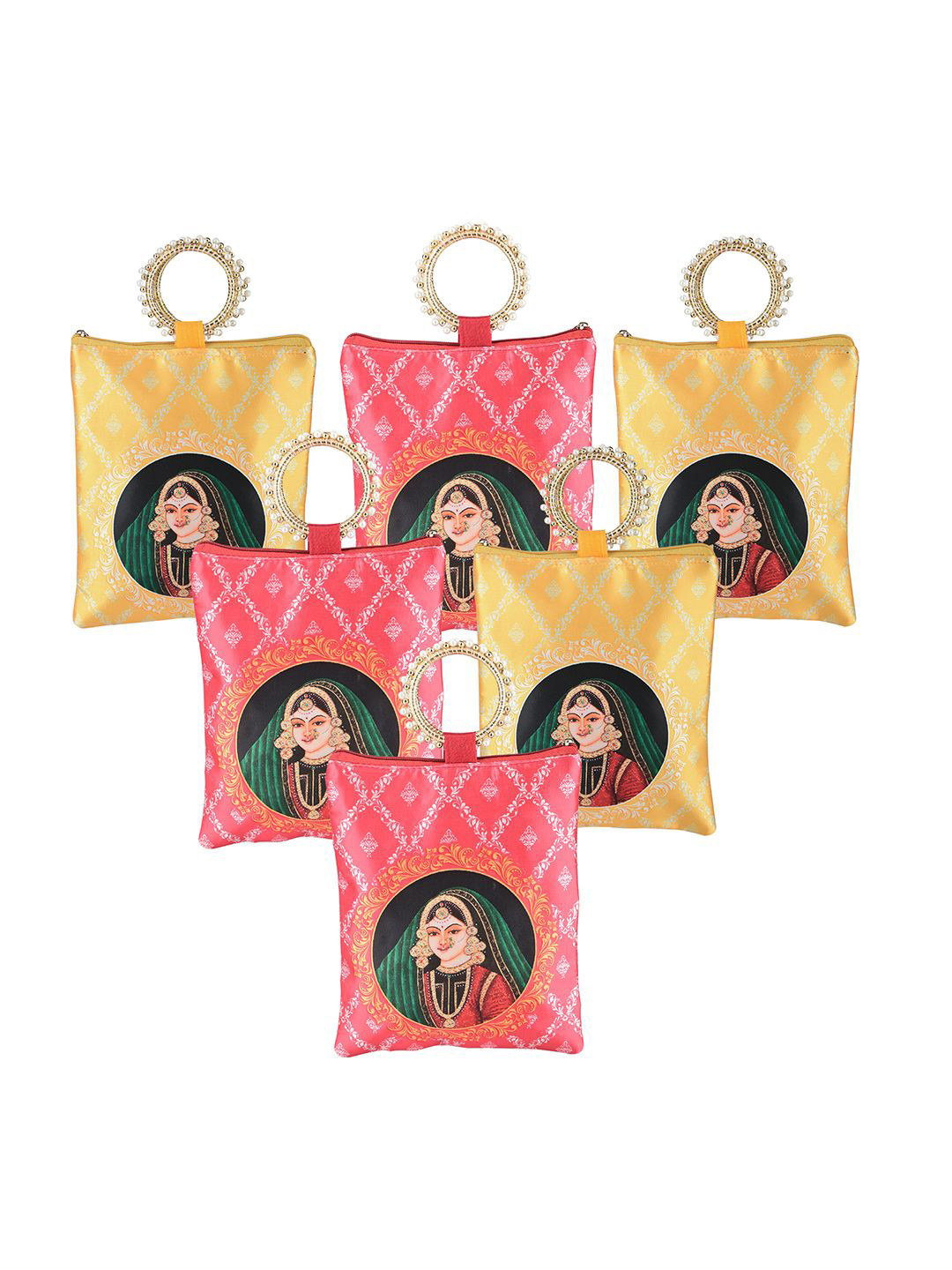 

Kuber Industries 6 Pcs Silk Small Women Hand Bag Printed Structured Tote Bag with Quilted, Yellow