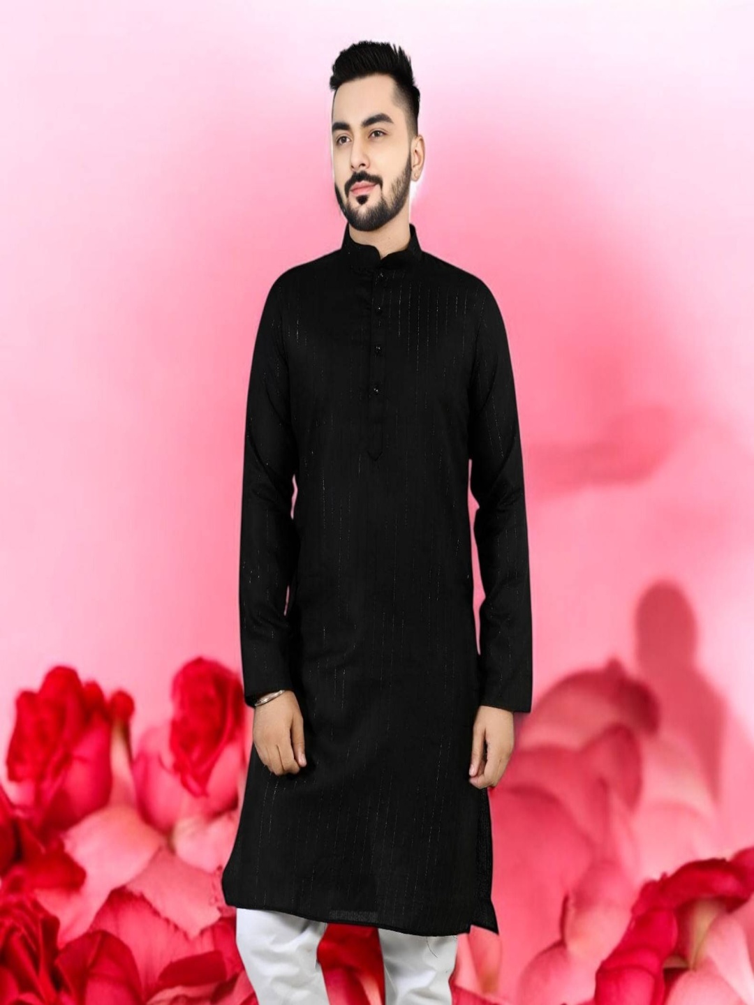 

Atly Striped Embroidered Mandarin Collar Cotton Silk Straight Kurta, Black