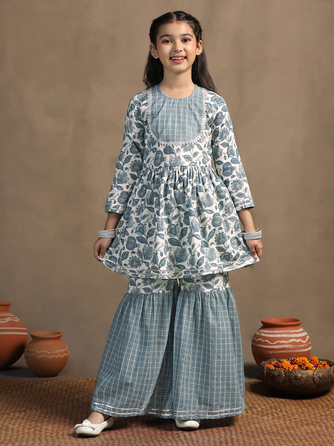 

BAESD Girls Printed Regular Kurta with Sharara, White