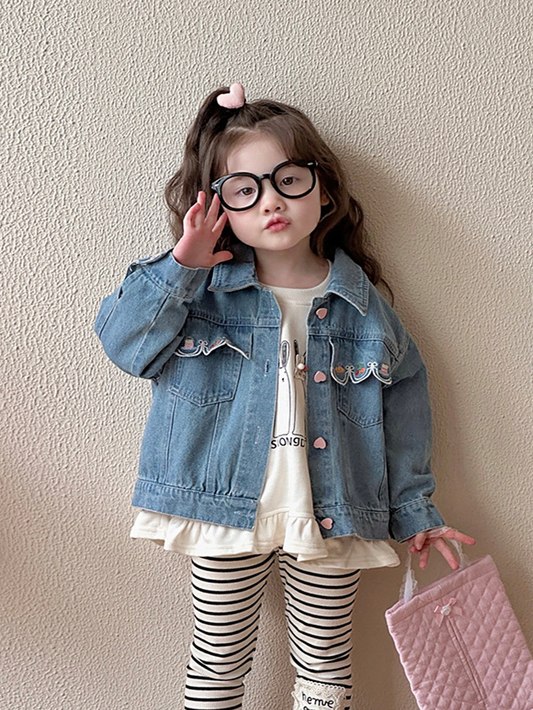 

LULU & SKY Girls Washed without Longline Denim Jacket with Patchwork, Blue