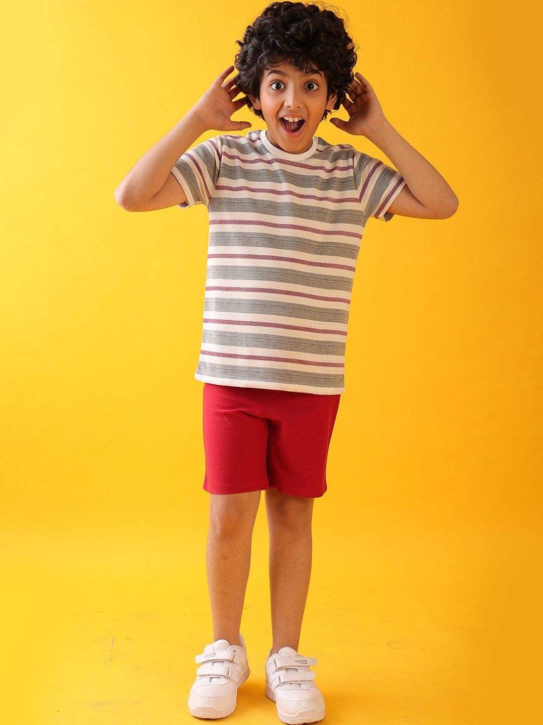 

Anthrilo Boys Striped Round Neck Pure Cotton T-shirt With Shorts, Grey