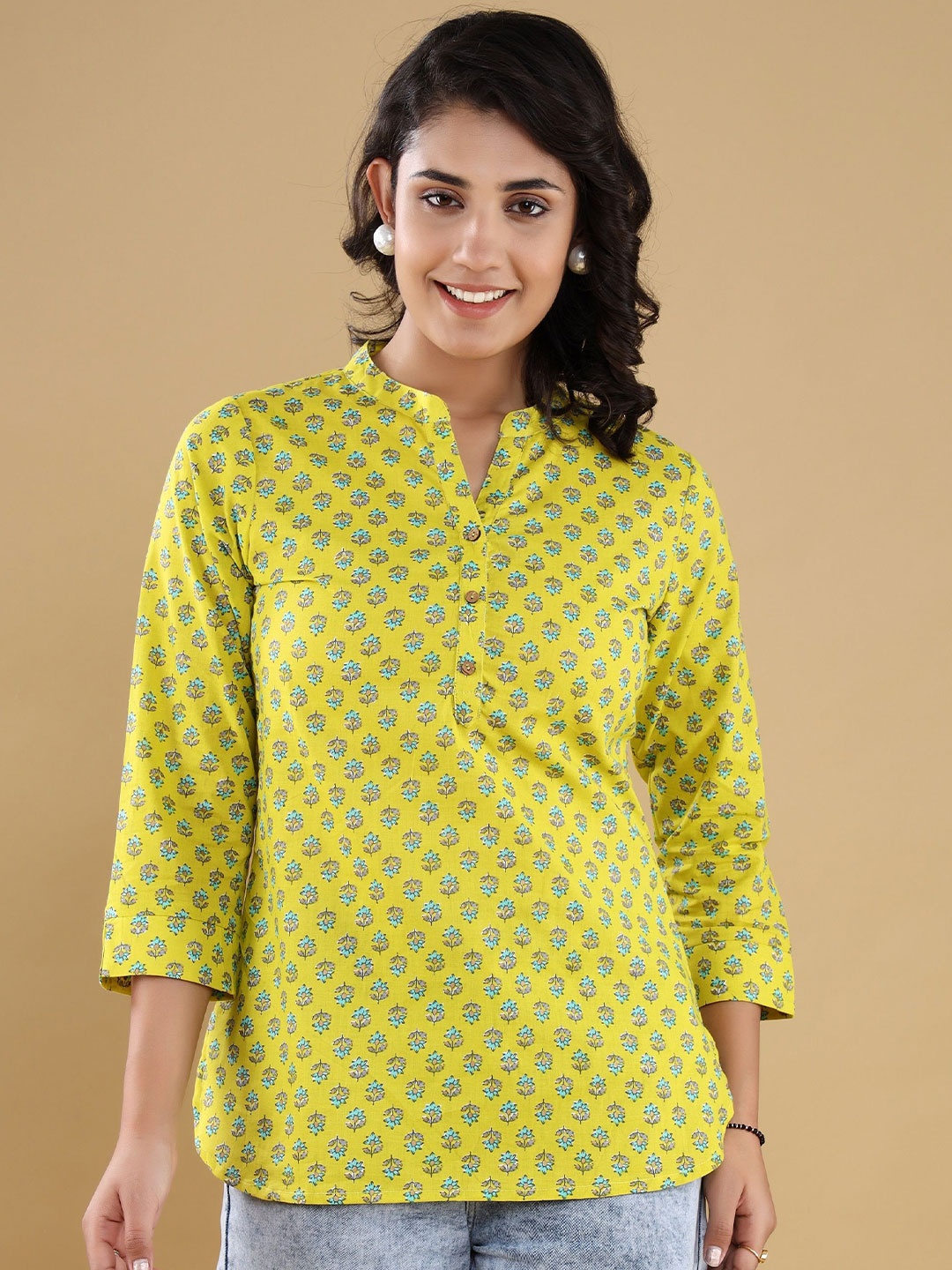 

Chandbaali Floral Print Mandarin Collar Cotton Top, Olive