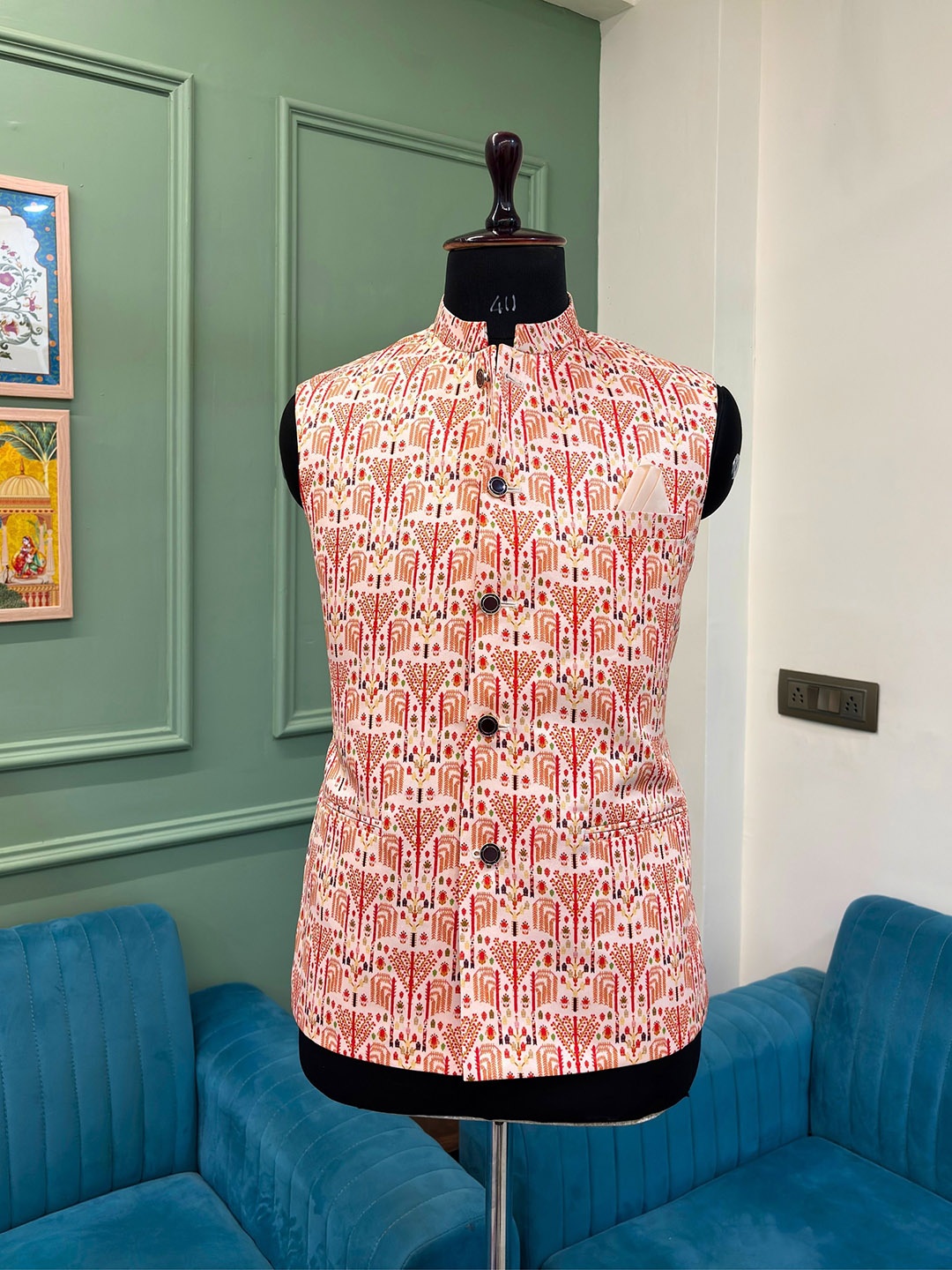 

JAIPURI CROWN Men Printed Nehru Jacket, Cream