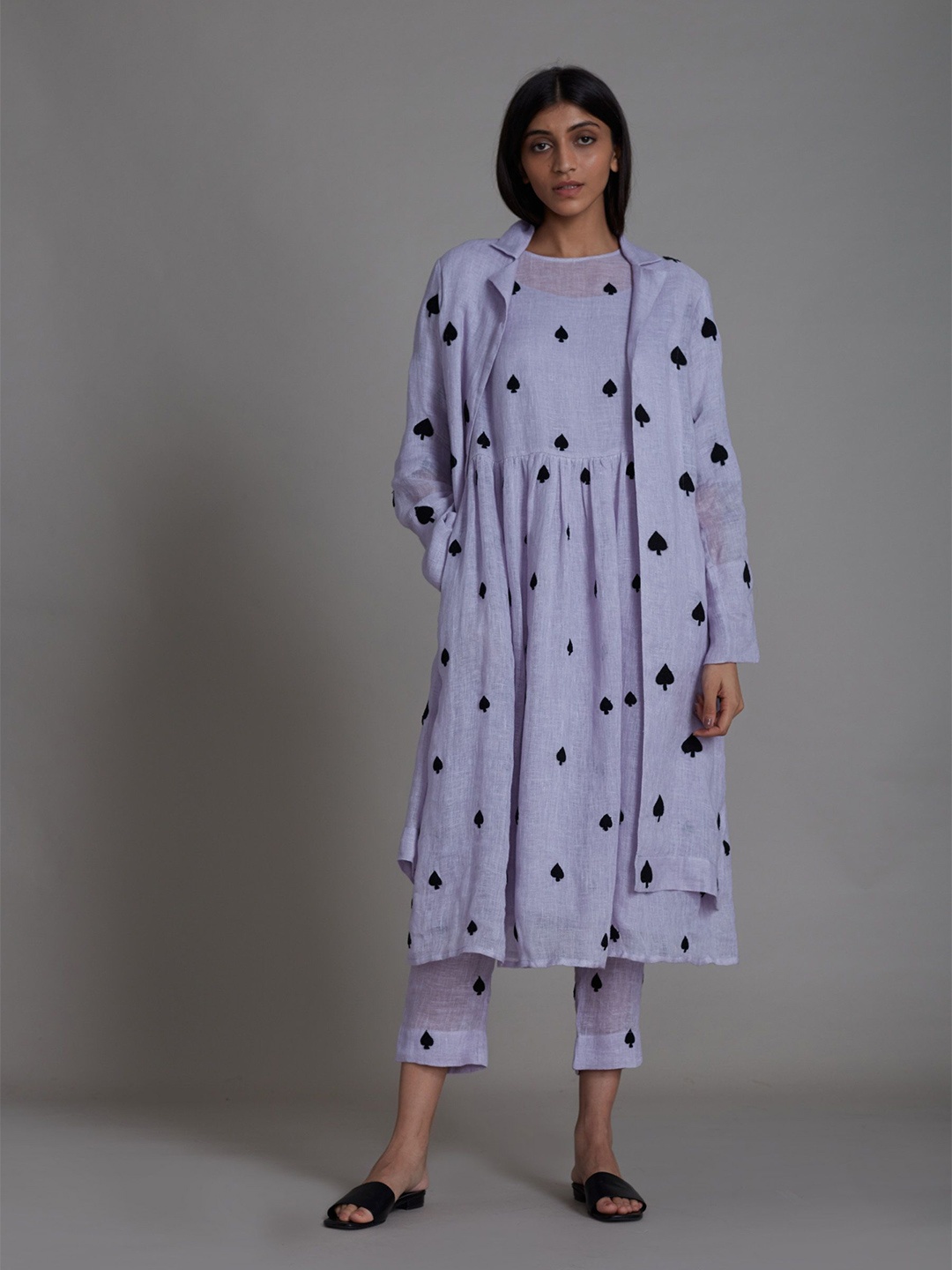 

MATI Geometric Printed Round A-Line Kurta With Trouser & Shrug, Lavender