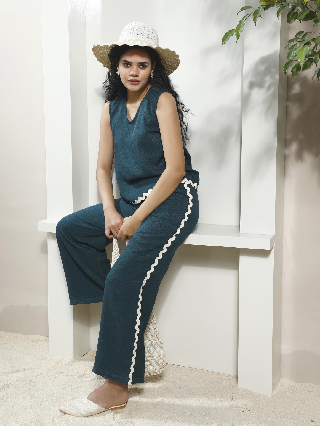 

Boho by Athena V-Neck Sleeveless Linen Top With Trousers, Green