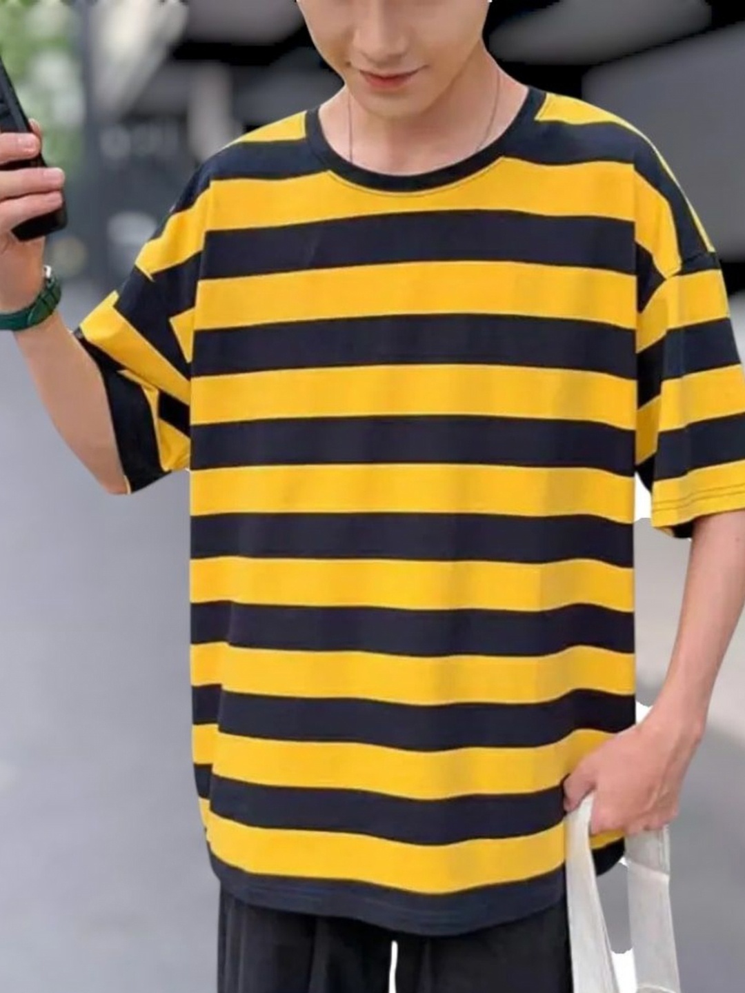 

LAUREN ADAMS Men Striped Extended Sleeves Pockets T-shirt, Yellow