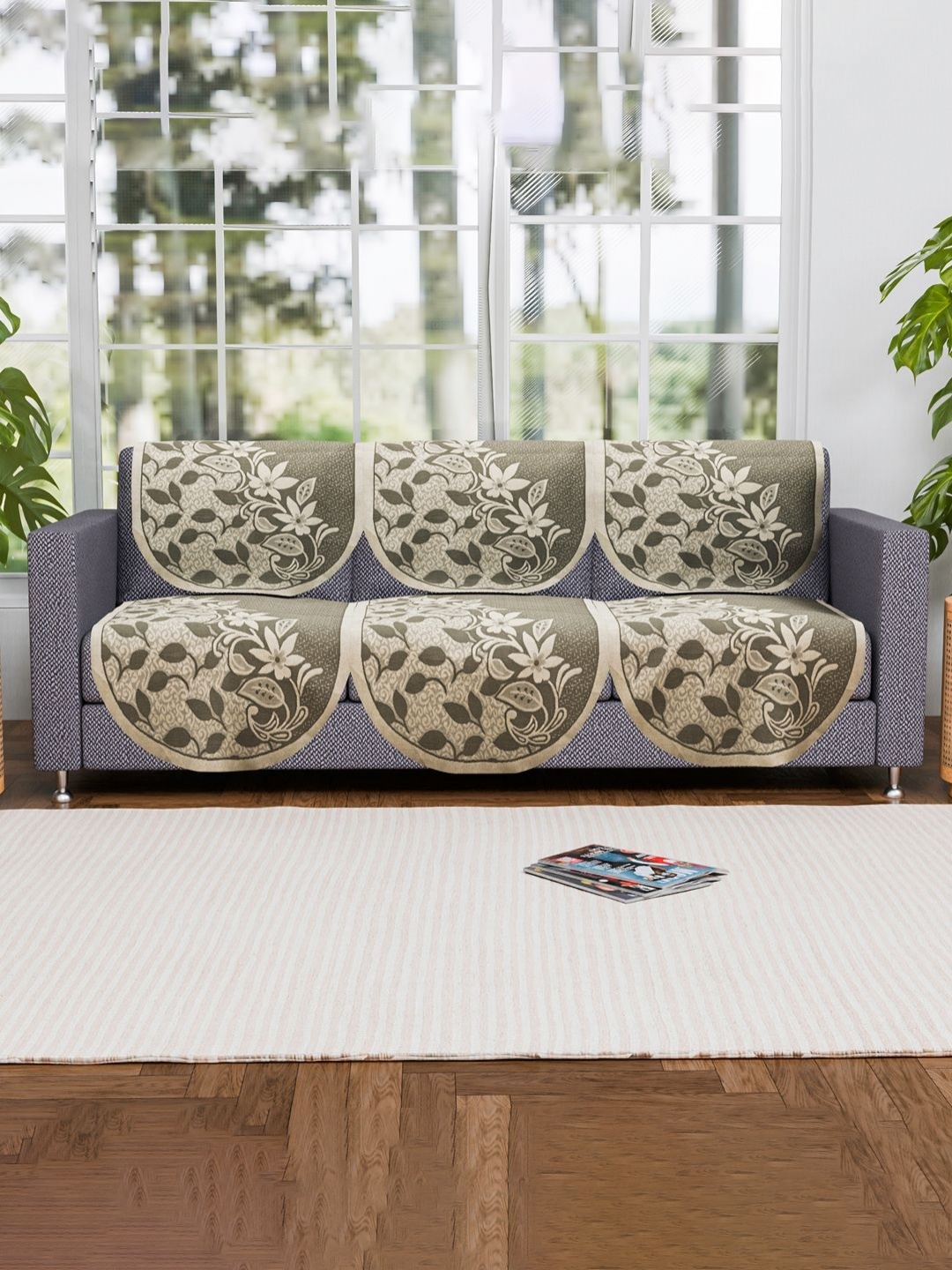 

Aura 6 Pieces Green & Cream Floral Printed Cotton Sofa Covers