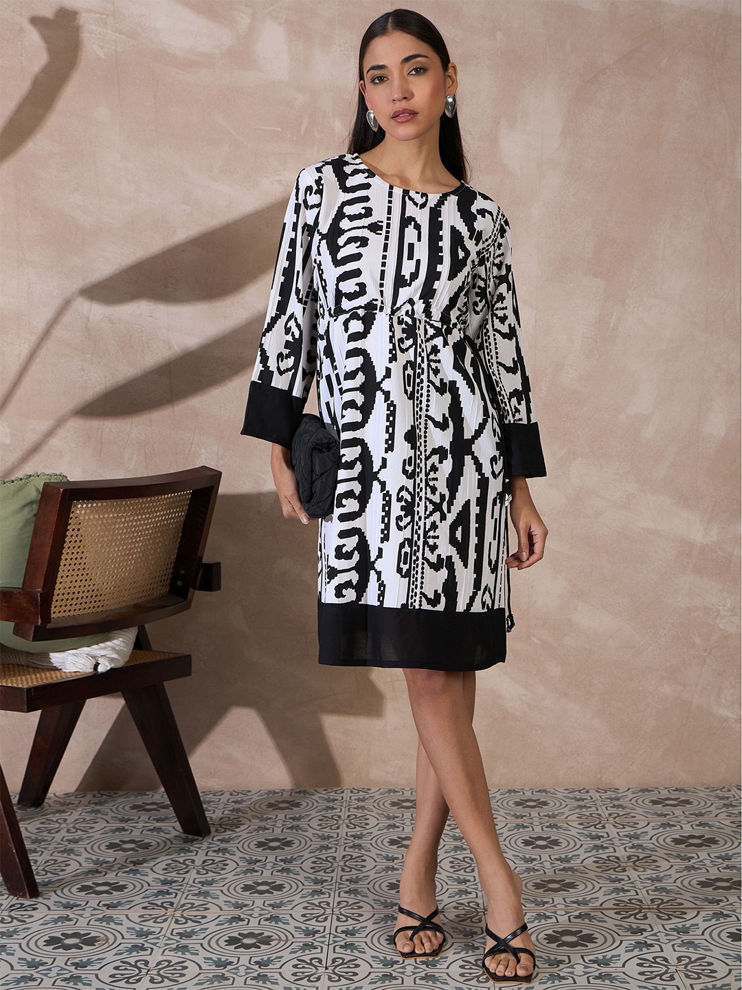 

all about you Print Flared Sleeve Georgette A-Line Dress, Black