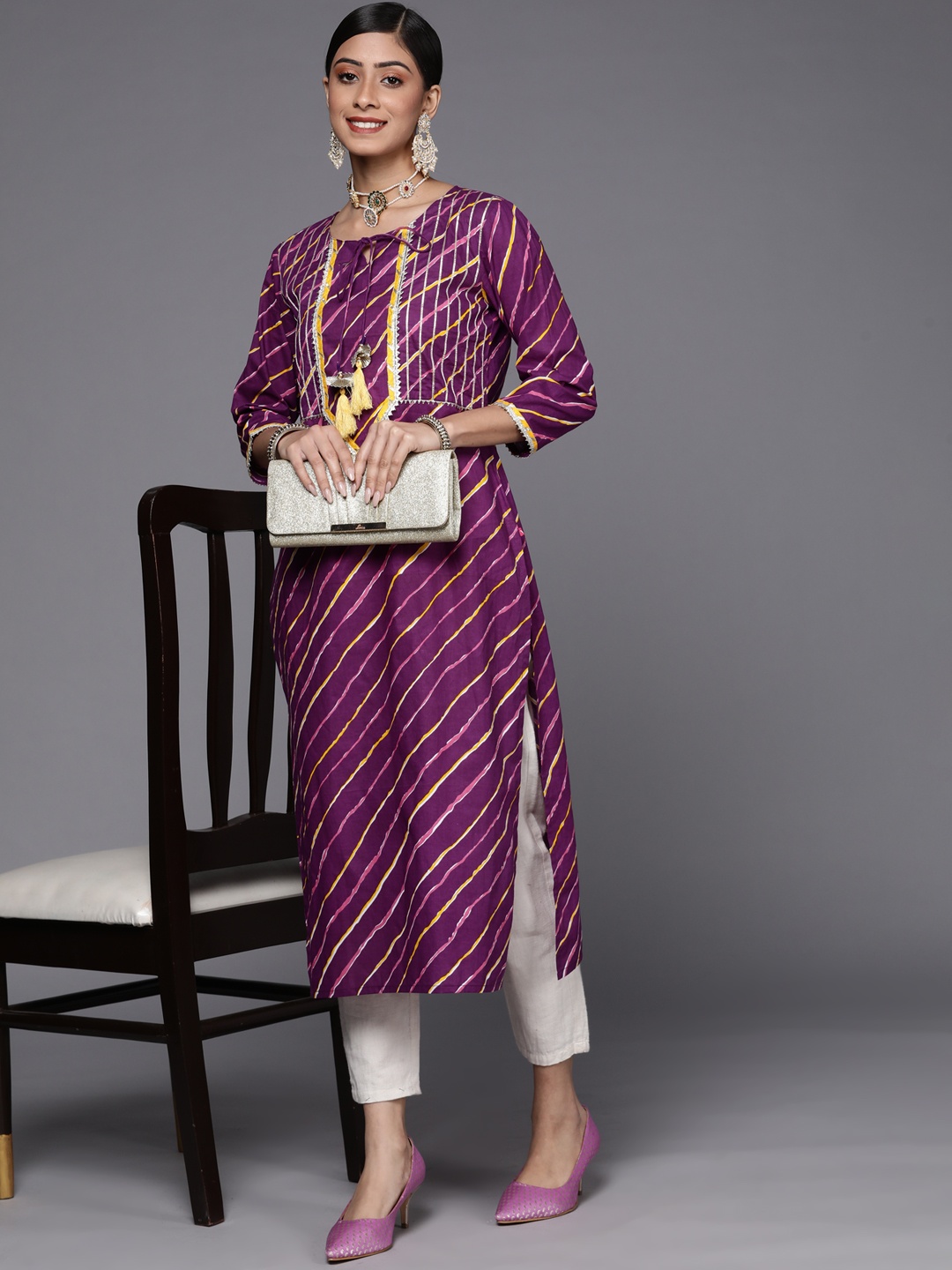 

KSUT Striped Tie-Up Neck Gotta Patti Cotton Straight Kurta, Purple