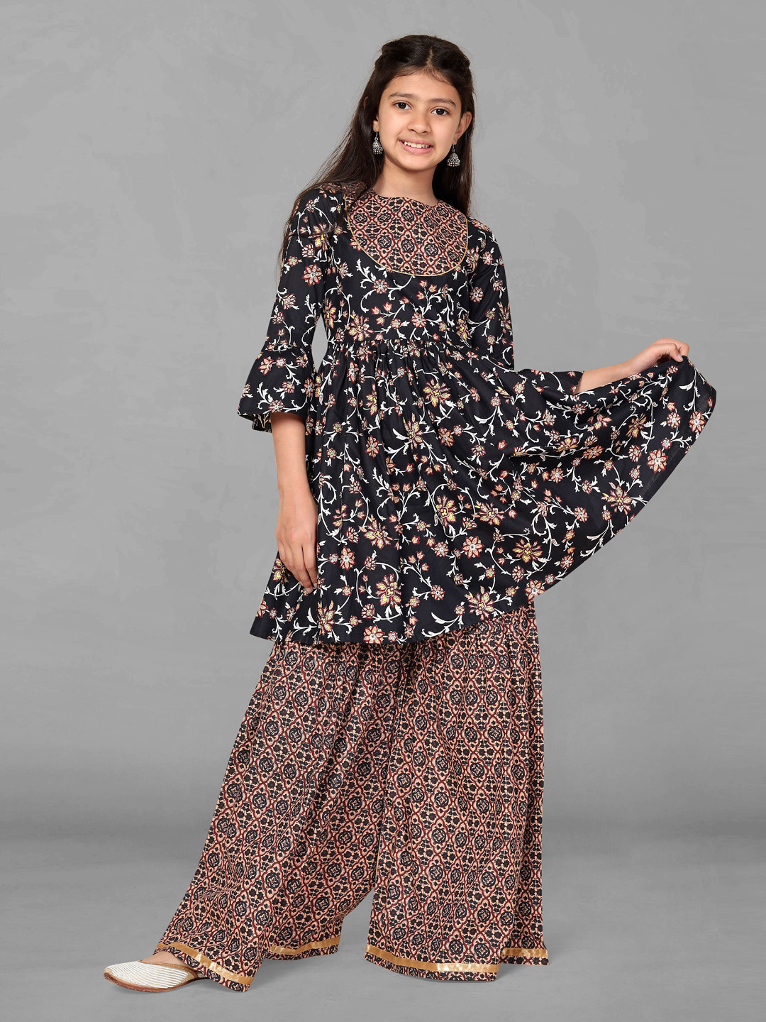 

BAESD Girls Floral Printed Regular Kurta with Sharara, Navy blue