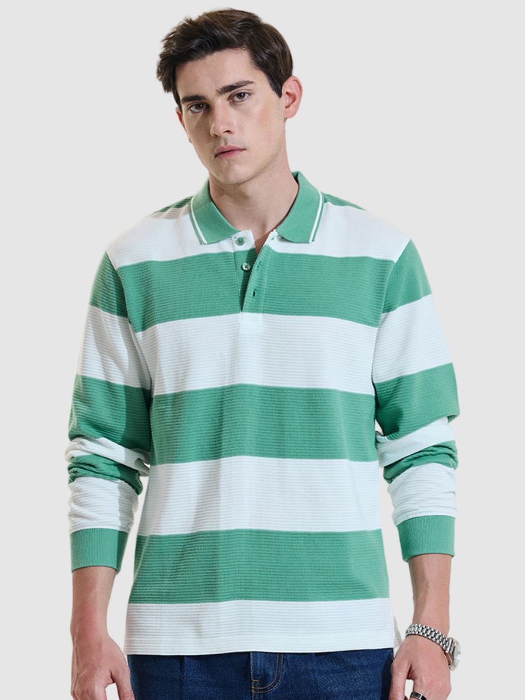 

Snitch Men Striped Polo Collar T-shirt, Green