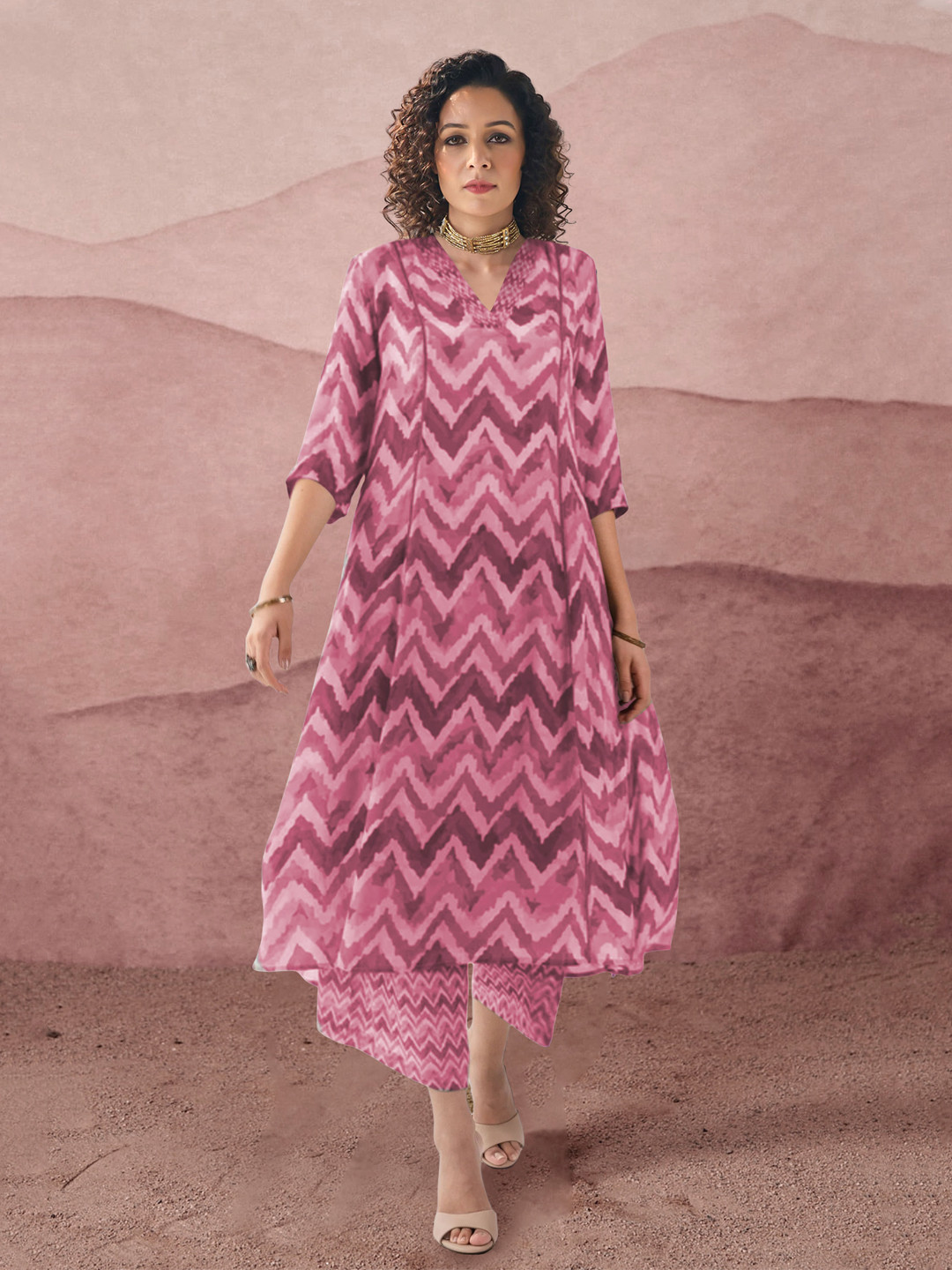 

KALINI Chevron Printed V-Neck A-Line Kurta With Palazzos, Pink