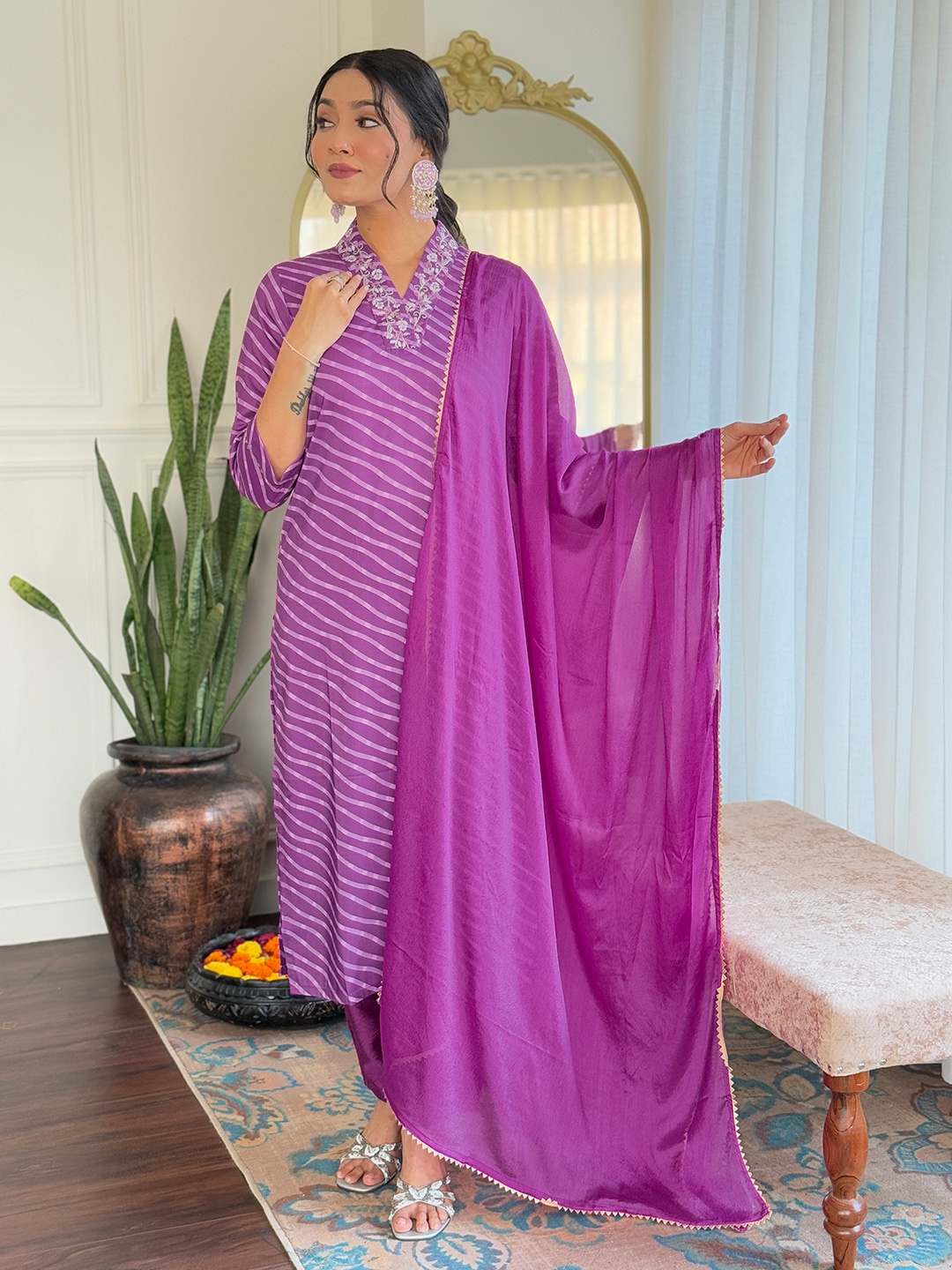 

THE52 Women Leheriya Printed Regular Kurta with Trousers & With Dupatta, Purple