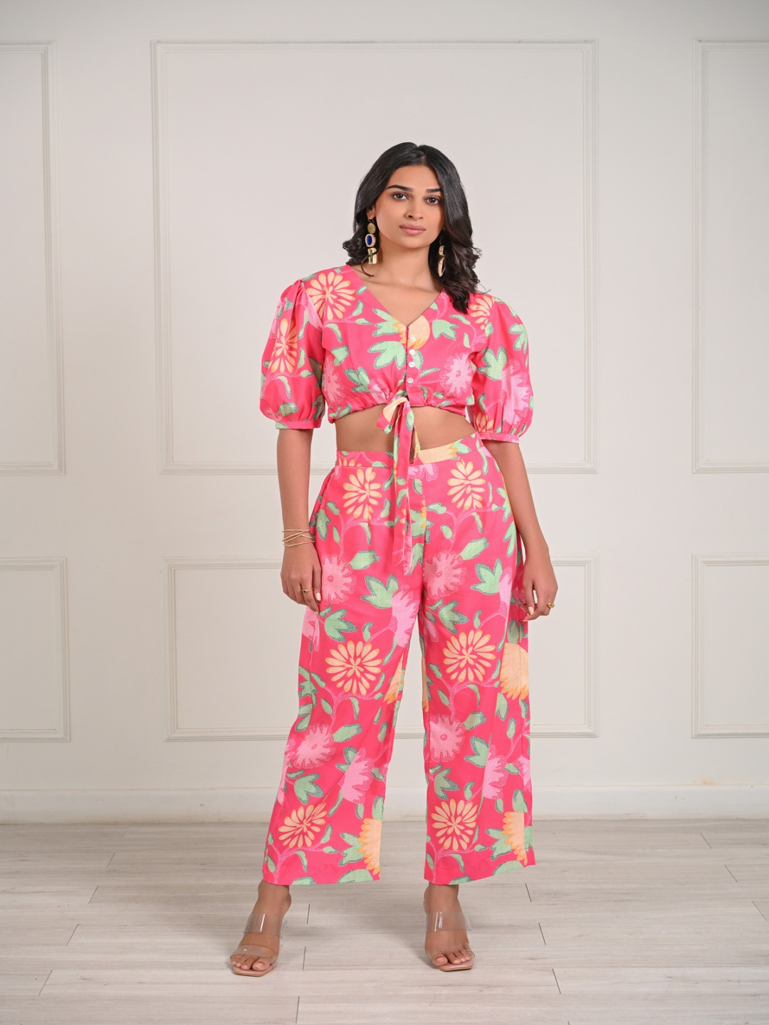 

aaRVee STUDIO Printed V-Neck Top With Trouser, Pink