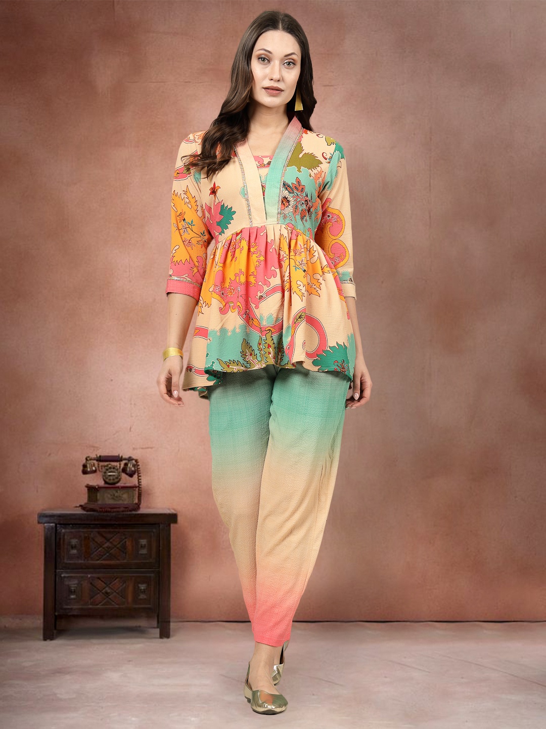 

all about you Printed V-Neck Top With Trousers Co-Ords, Peach