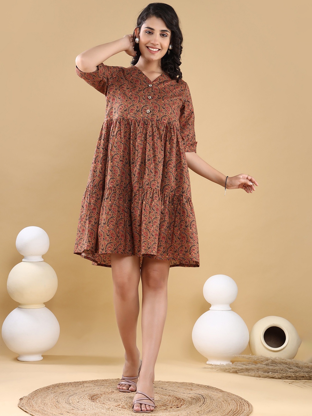 

VASVI Floral Print Fit & Flare Dress, Khaki