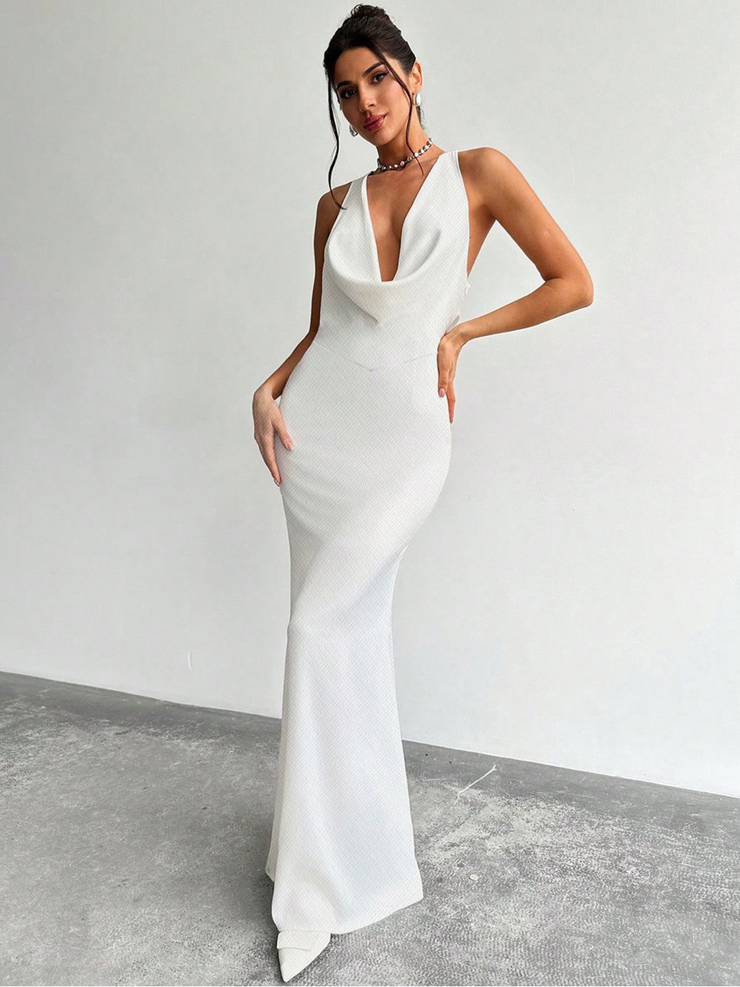 

CLAFOUTIS Cowl Neck Crepe Bodycon Maxi Dress, White