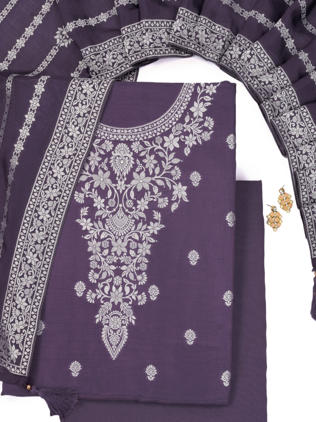 

KULEESH Floral Woven Design Pure Silk Unstitched Dress Material, Purple