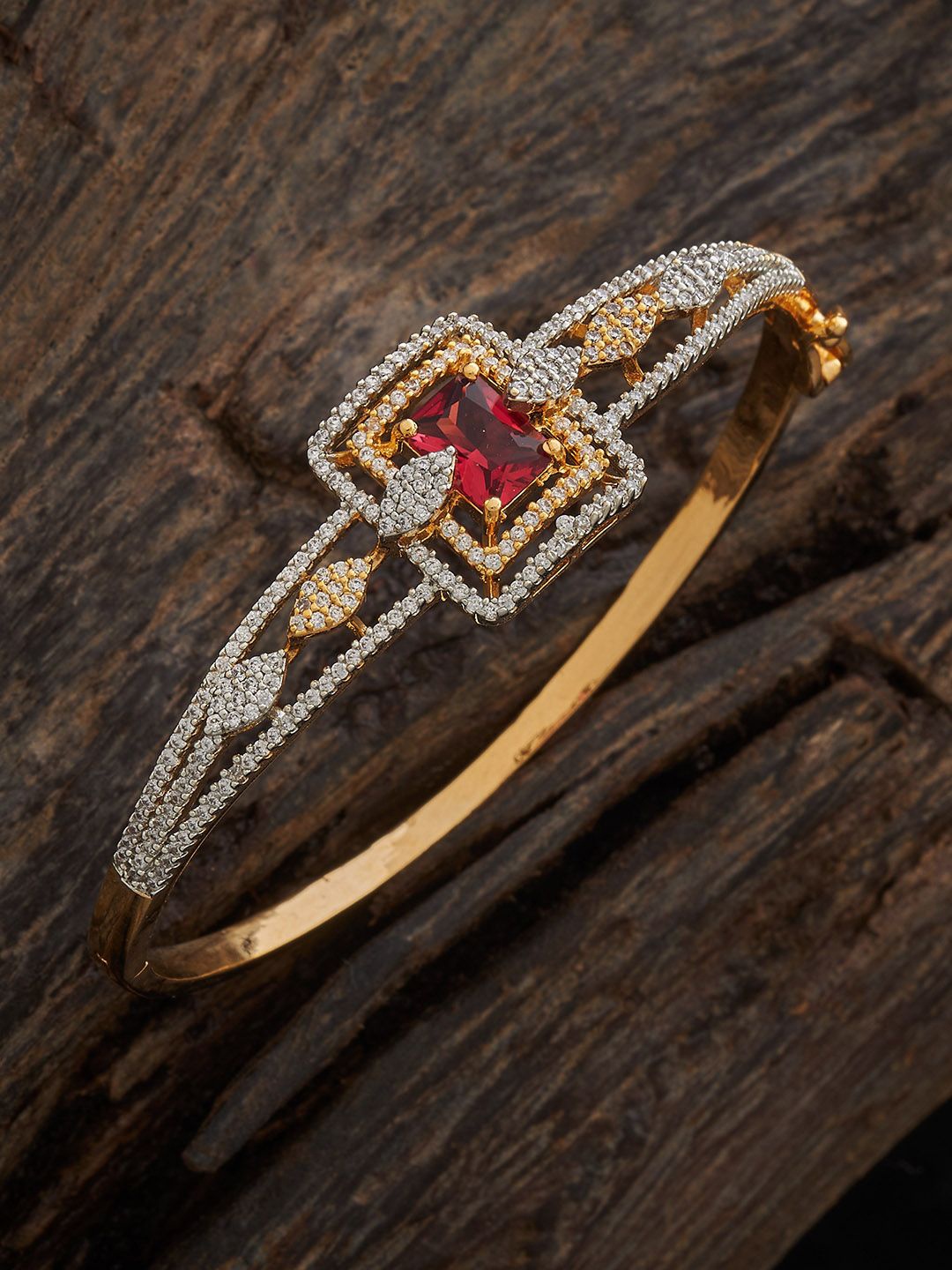 

Kushal's Fashion Jewellery Rhodium Gold-Plated Stone-Studded Kada Bangle